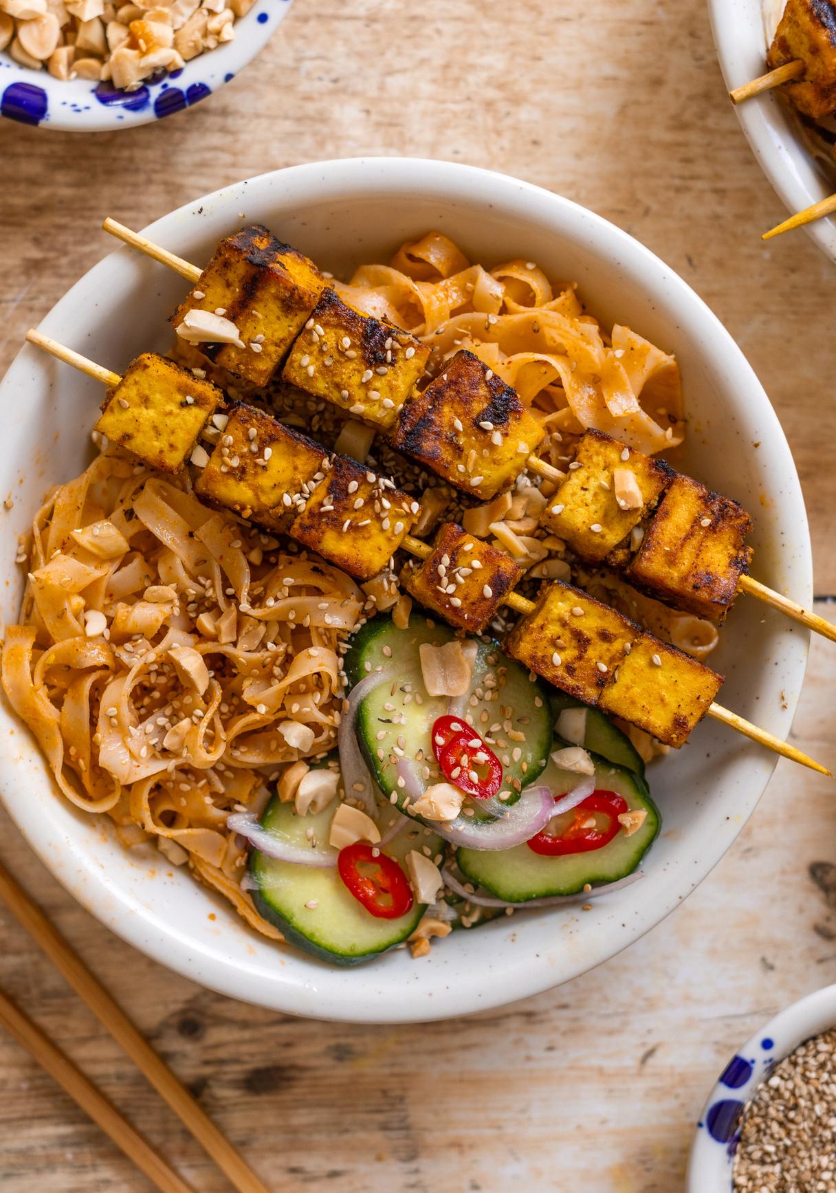 Tofu Satay Skewers with Rice Noodles and Quick Pickles