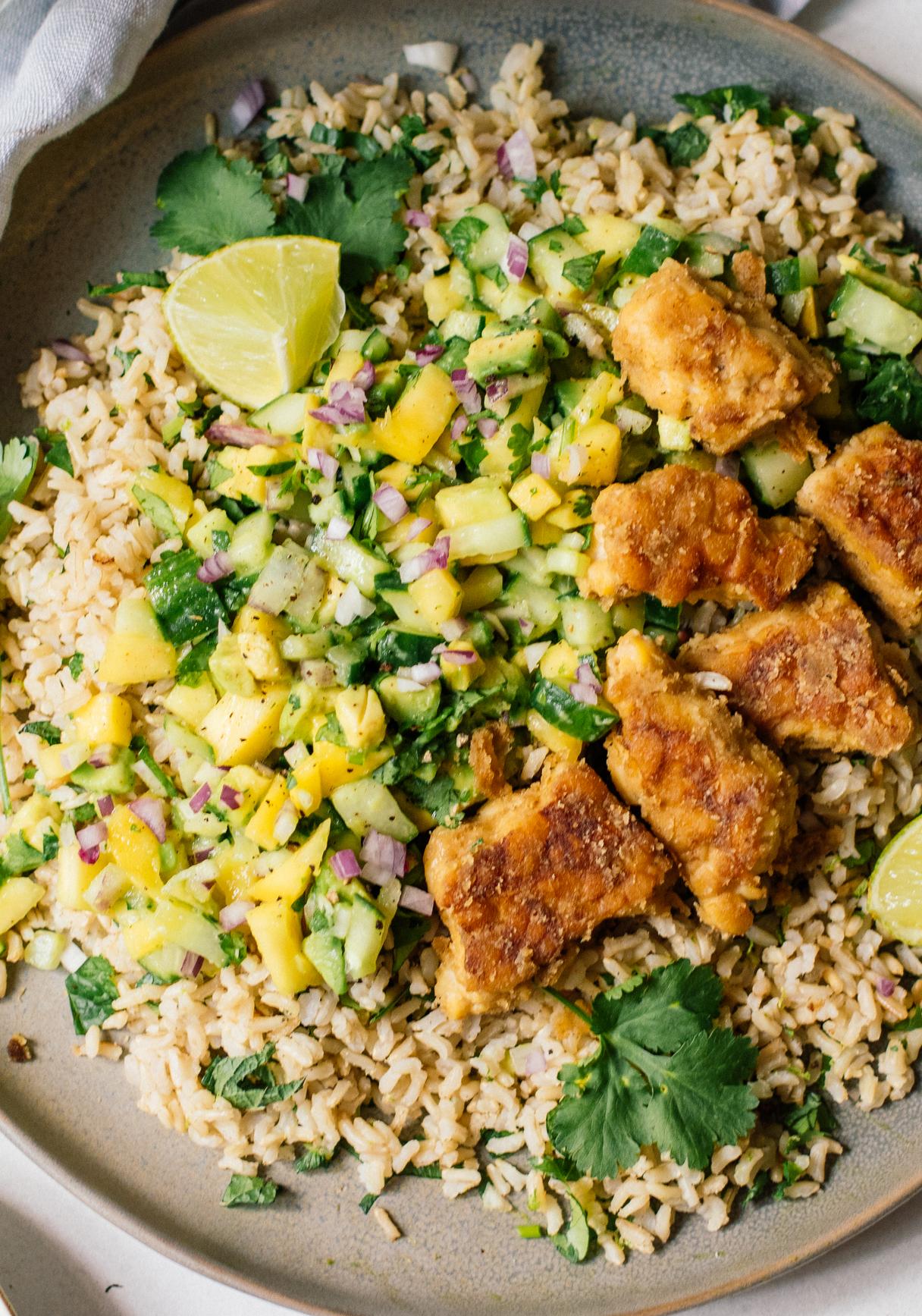 Lime Rice with Tempeh and Mango Avocado Salsa
