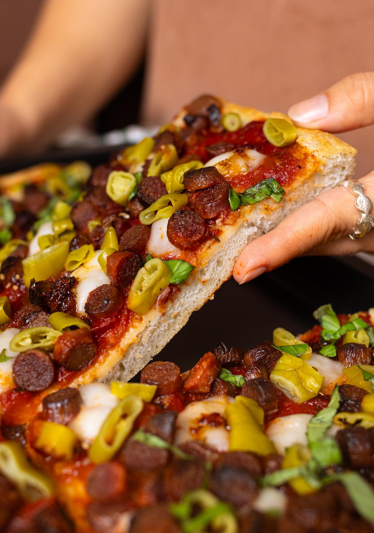 Vegan Sheet Pan Deep Dish Pizza with Salami & Chili Peppers