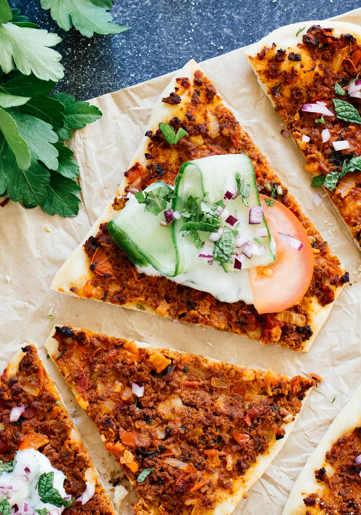 Vegan Lahmacun with herb yogurt sauce