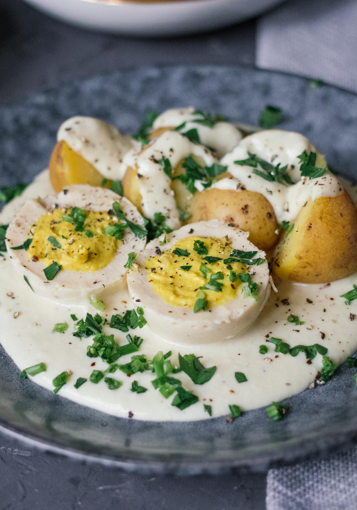 Vegan Boiled Eggs in Creamy Mustard Sauce with Potatoes