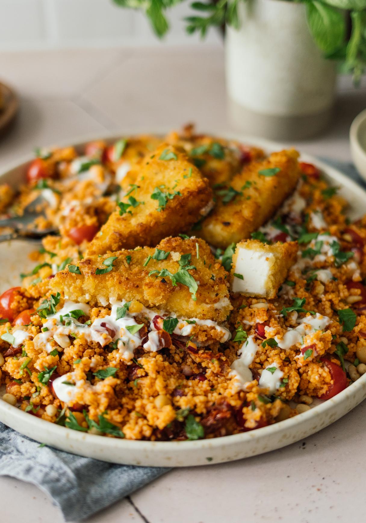 Couscous Salad with Crispy Vegan Feta Wedges