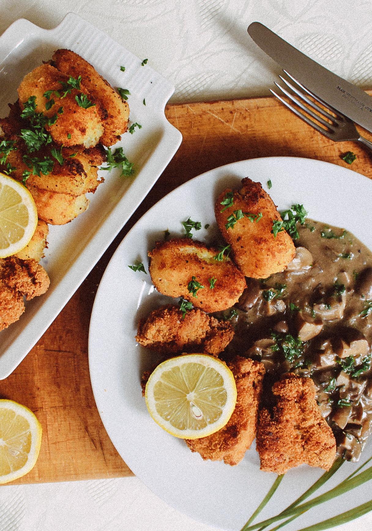 Vegan Schnitzel with handmade Croquettes