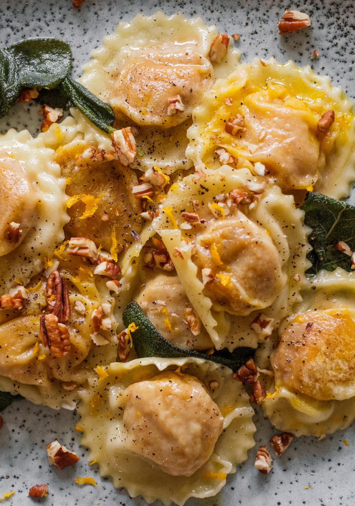 Vegan Pumpkin Ravioli in Sage Butter with Pecans