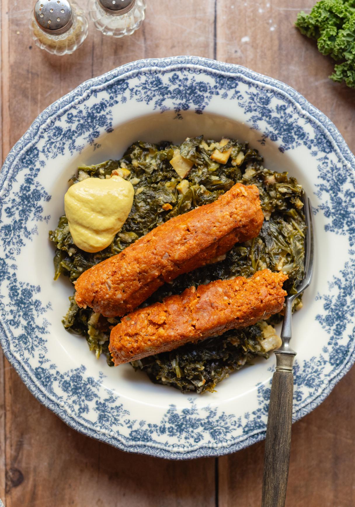 Kale with Vegan Pinkel Sausage and Potatoes