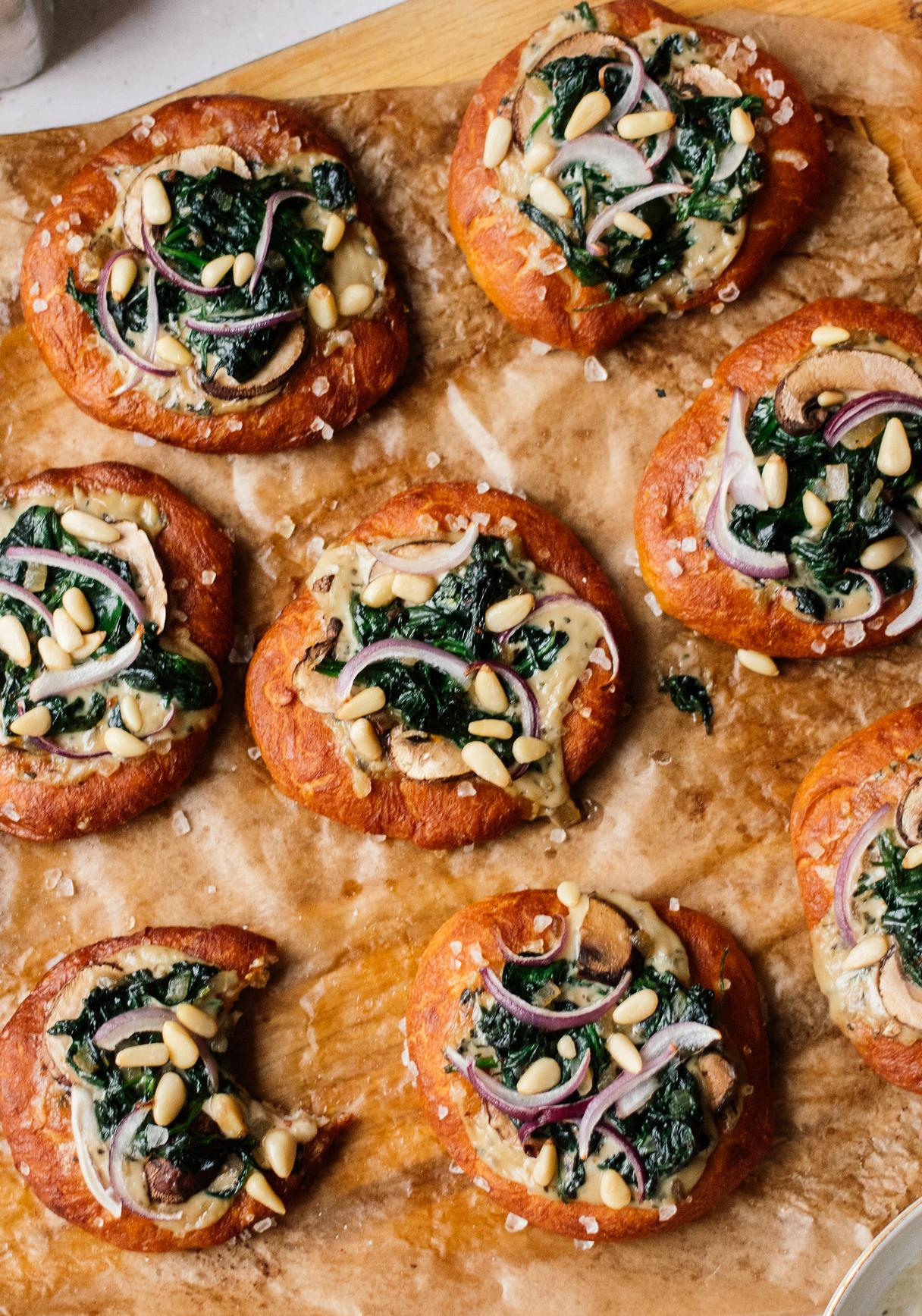Vegan Mini Pretzel Pizza with Spinach