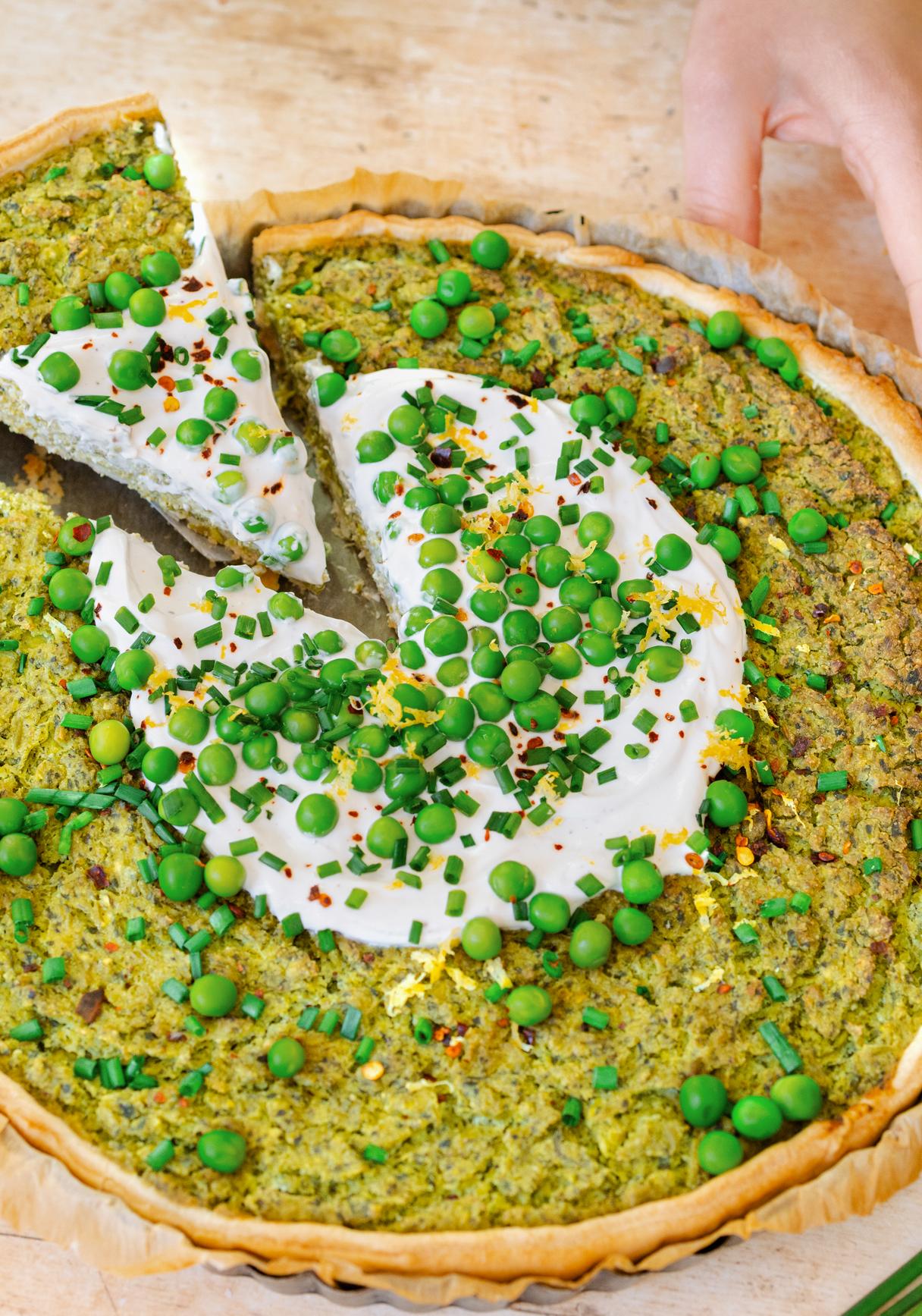 Vegan Quiche with Peas, Spinach, and Herbs