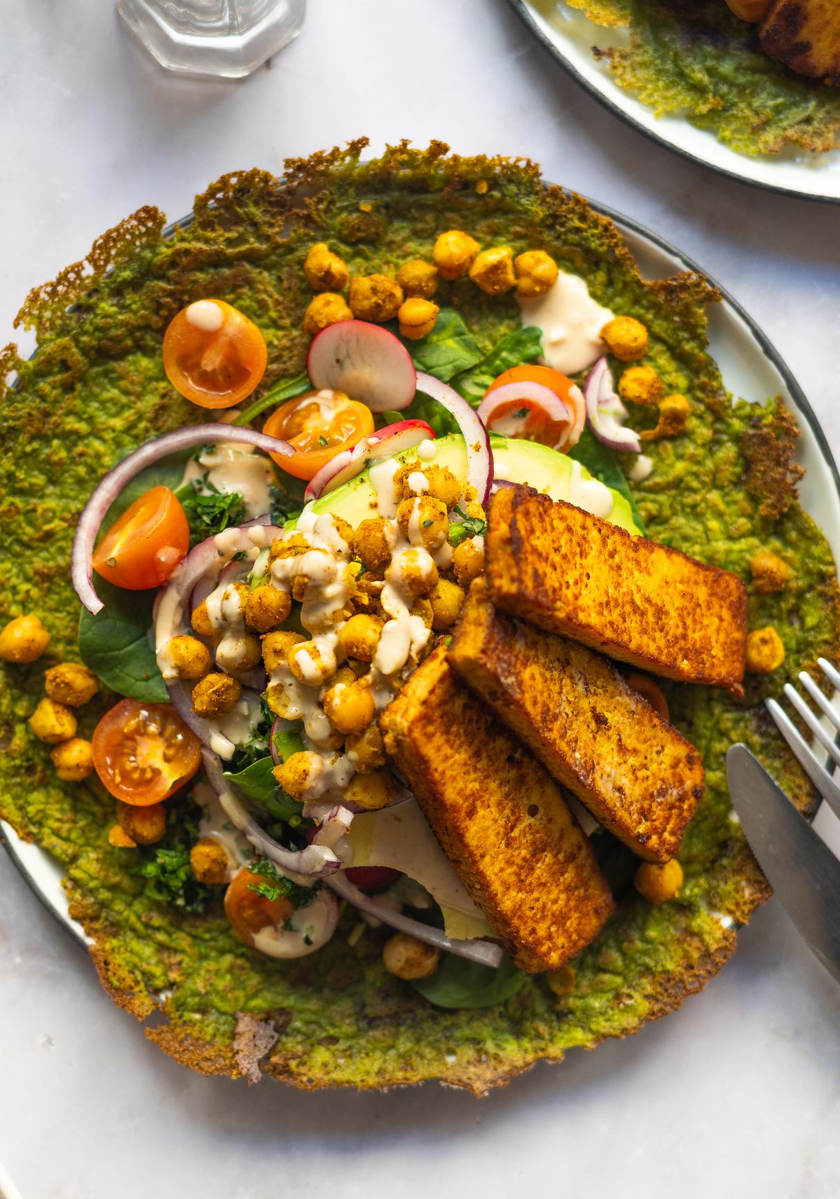 Green Pea Pancakes with Fresh Herbs, Dip, and Spinach