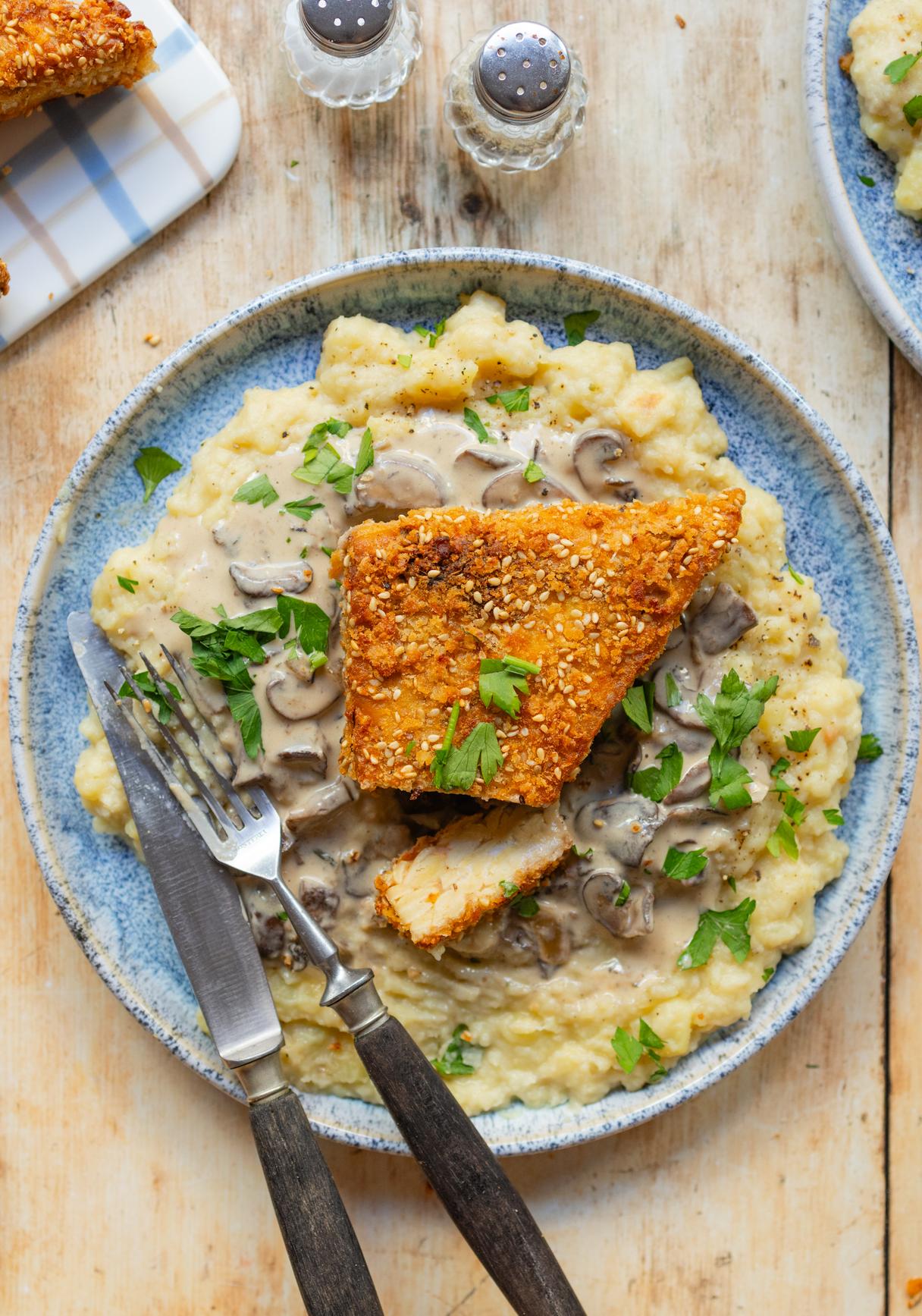Crispy Tempeh Schnitzel with Potato-Parsnip Mash and Mushroom Gravy