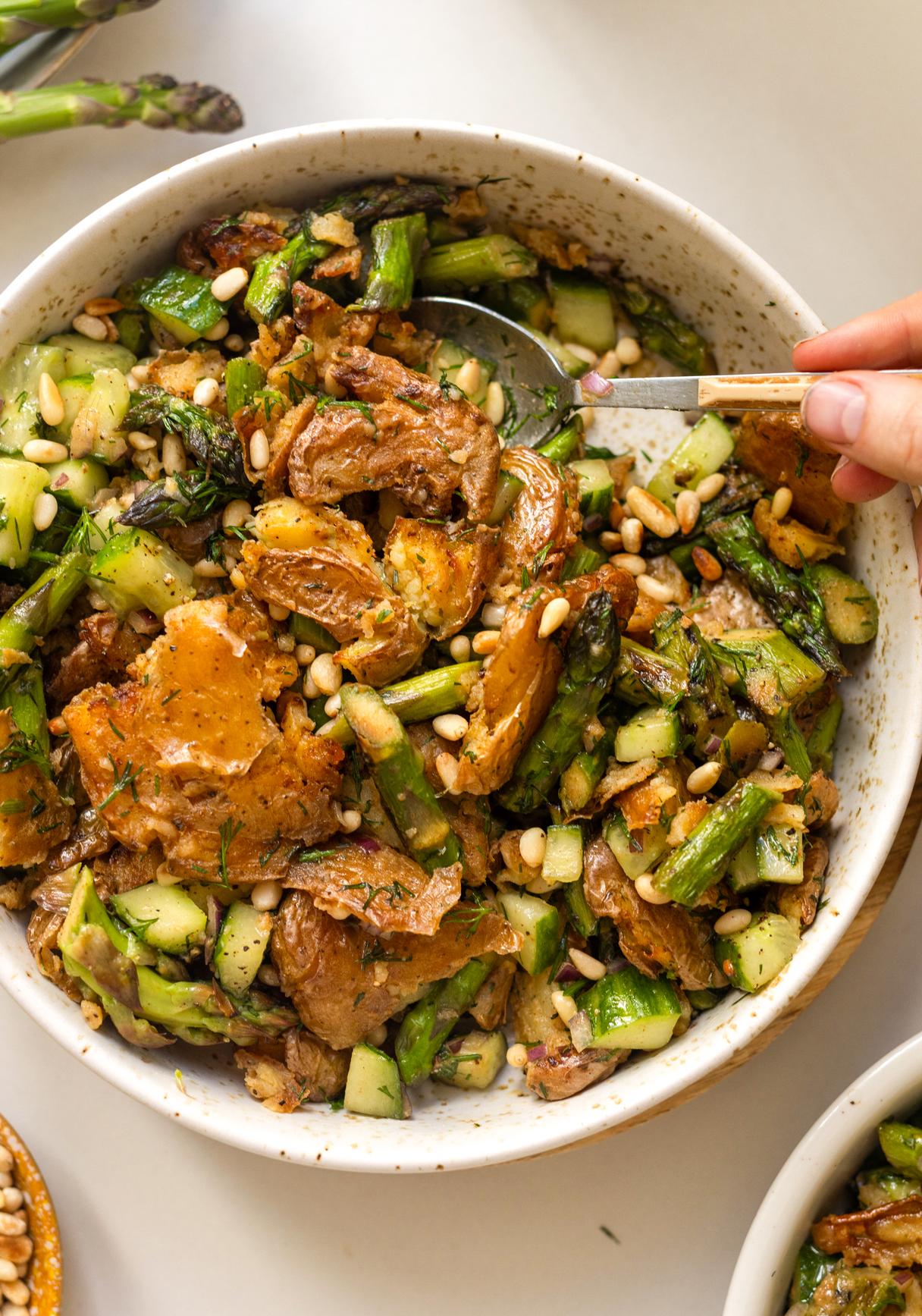 Crispy Smashed Potato Salad with Asparagus and Vegan Honey Mustard Dressing