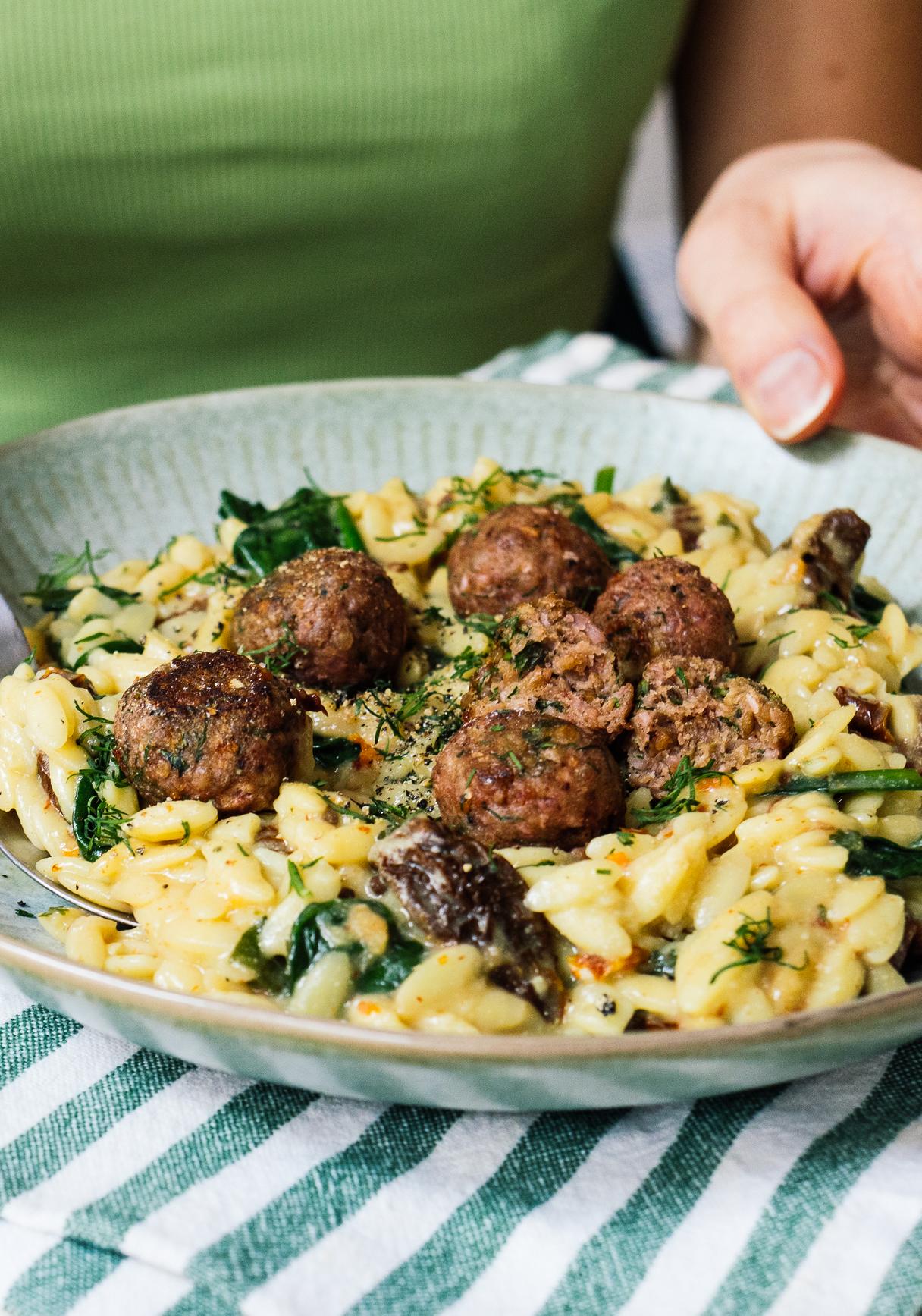 Creamy Orzotto with Vegan Meatballs & Spinach