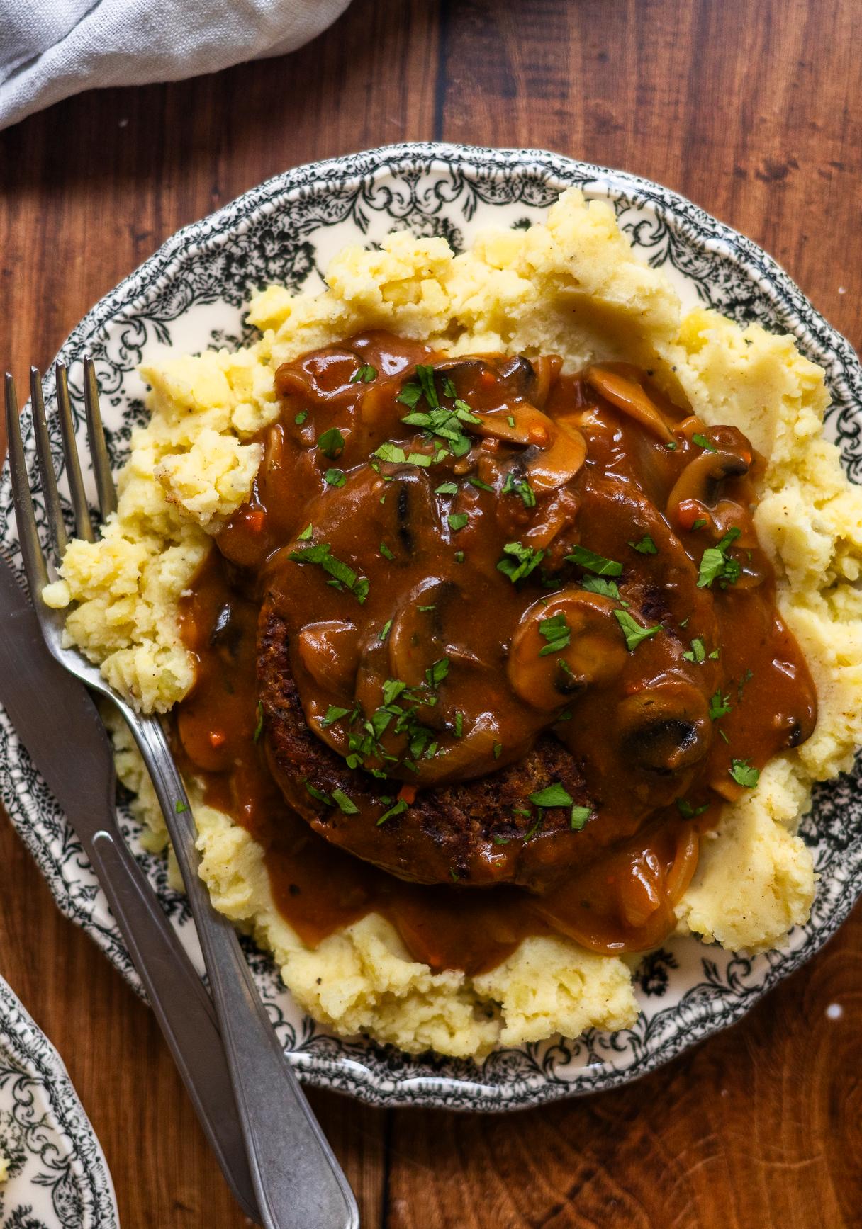 Vegan Hamburger Steak with Mashed Potatoes and Gravy