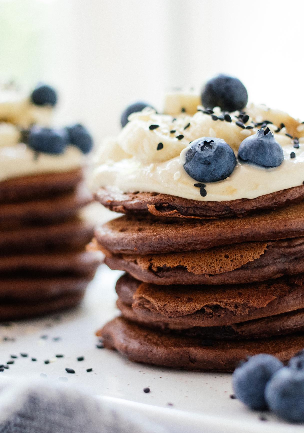 Vegan chocolate pancakes with tahini