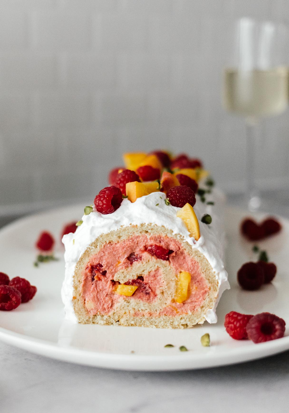 Vegan Raspberry and Peach Melba Swiss Roll