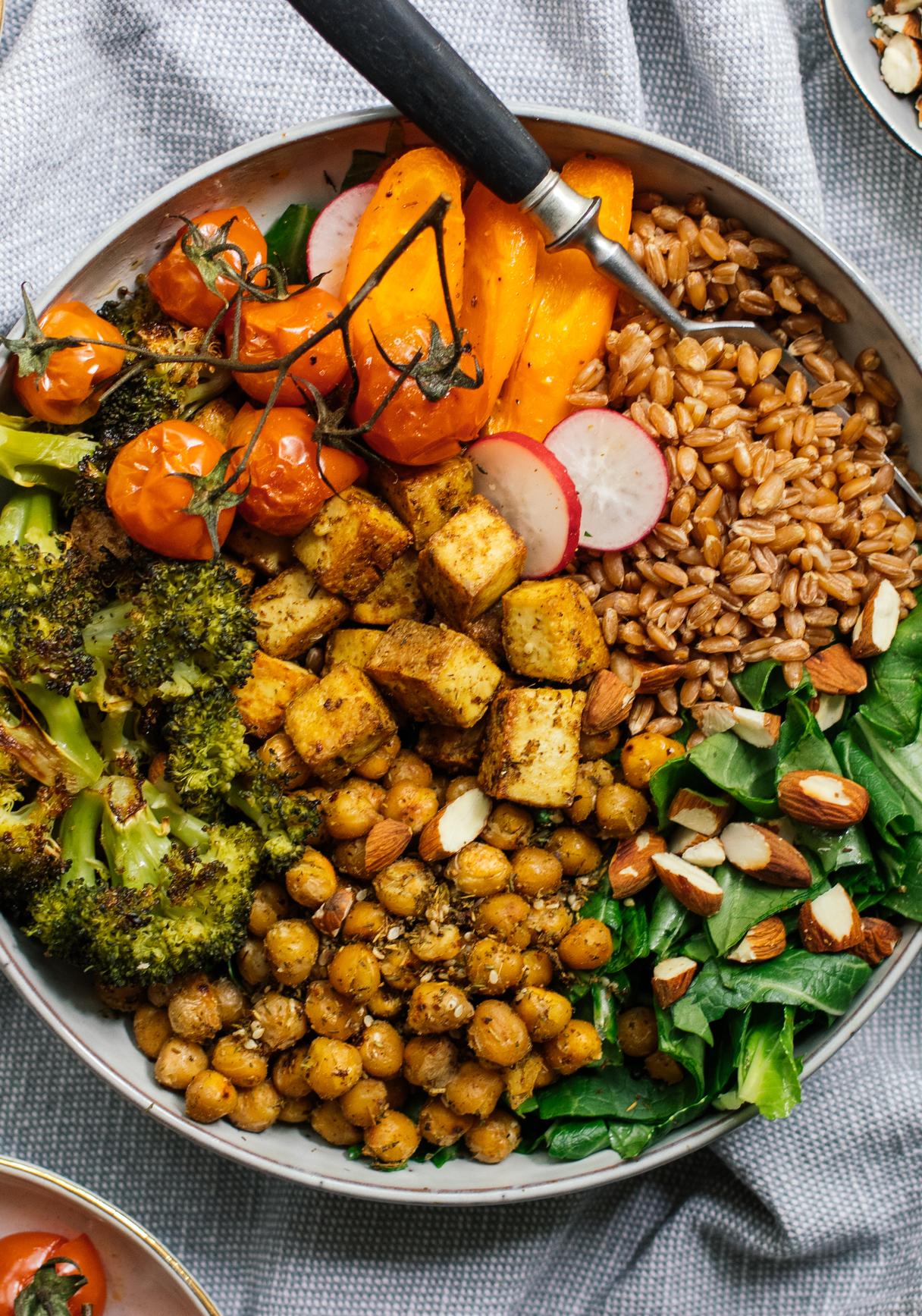 Salad Bowl with Tofu and Carrot Greens Dressing