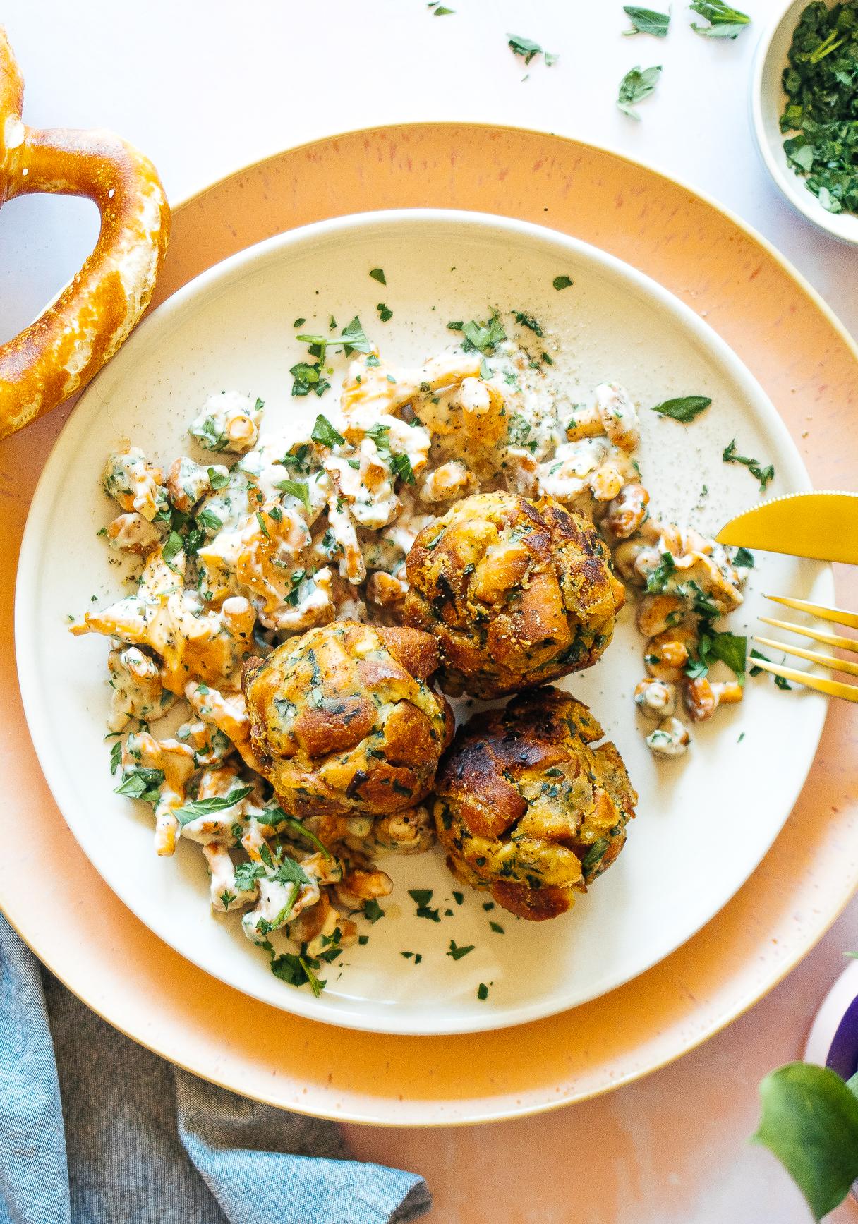 Vegan Pretzel Dumplings with Chanterelle Ragout