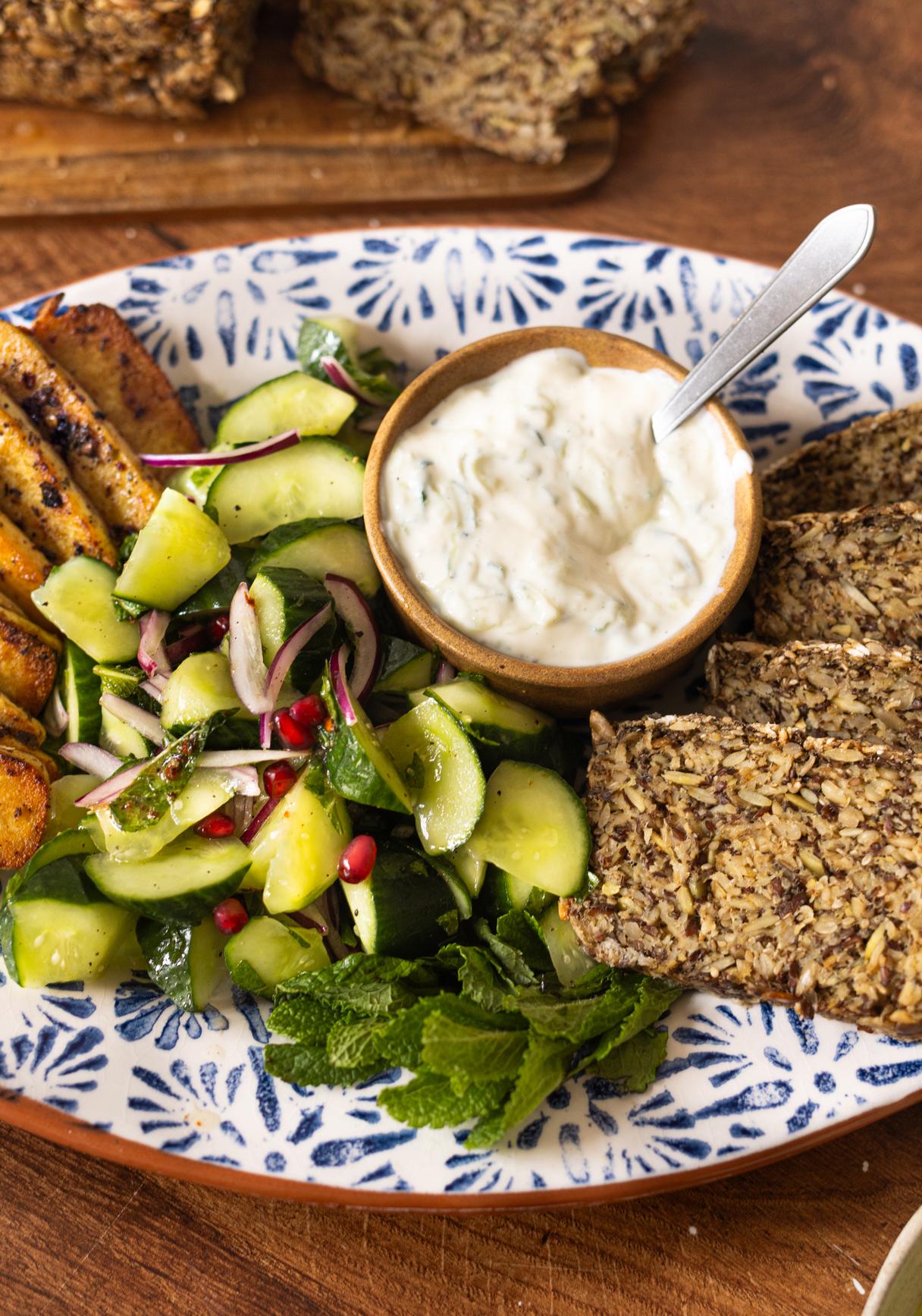 Vegan Halloumi Bread with Tzatziki and Cucumber-Onion-Mint Salad