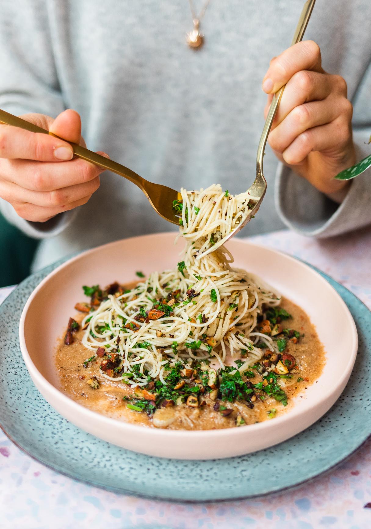 Spaghettini in Garlicy Vegan Brown Butter with Almond Gremolata