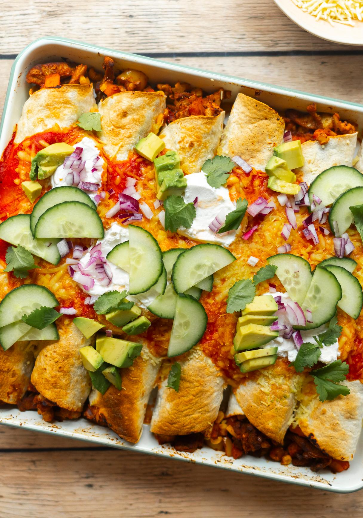 Vegan Enchiladas with Sweet Potato and Plant-Based Chicken Filling
