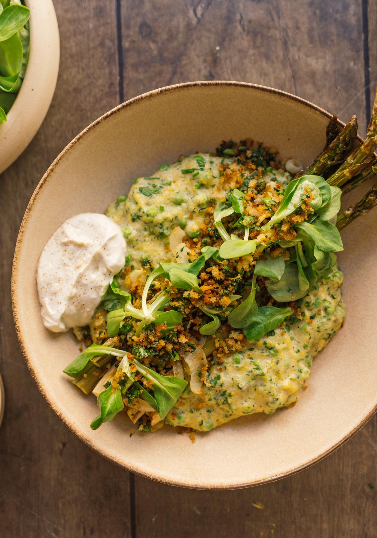 Vegan Lemon Polenta with Green Asparagus, Peas and Crunchy Topping