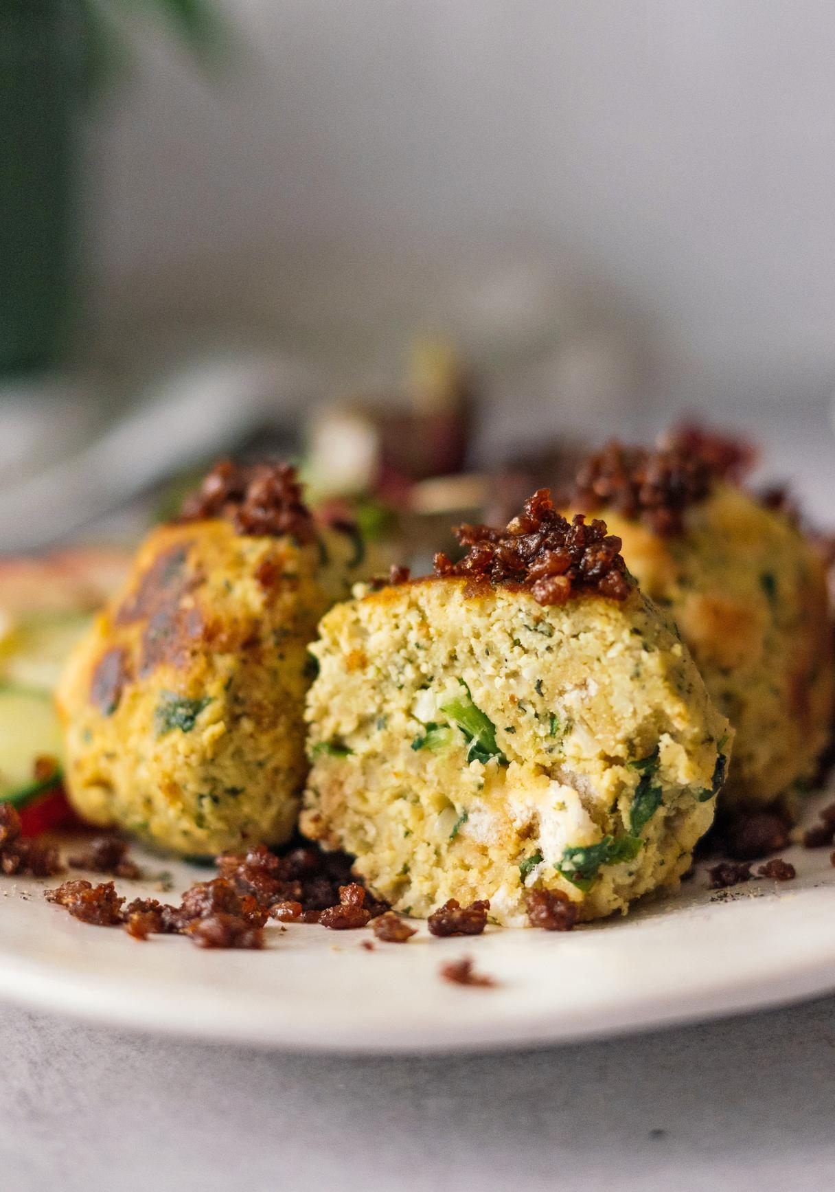 Tofu Spinach Dumplings with Salad and Crispy Pumpernickel Breadcrumbs