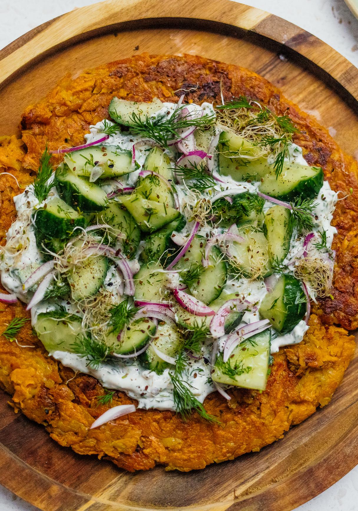 Sweet Potato Fritters with Cucumber Salad & Vegan Curd with Herbs