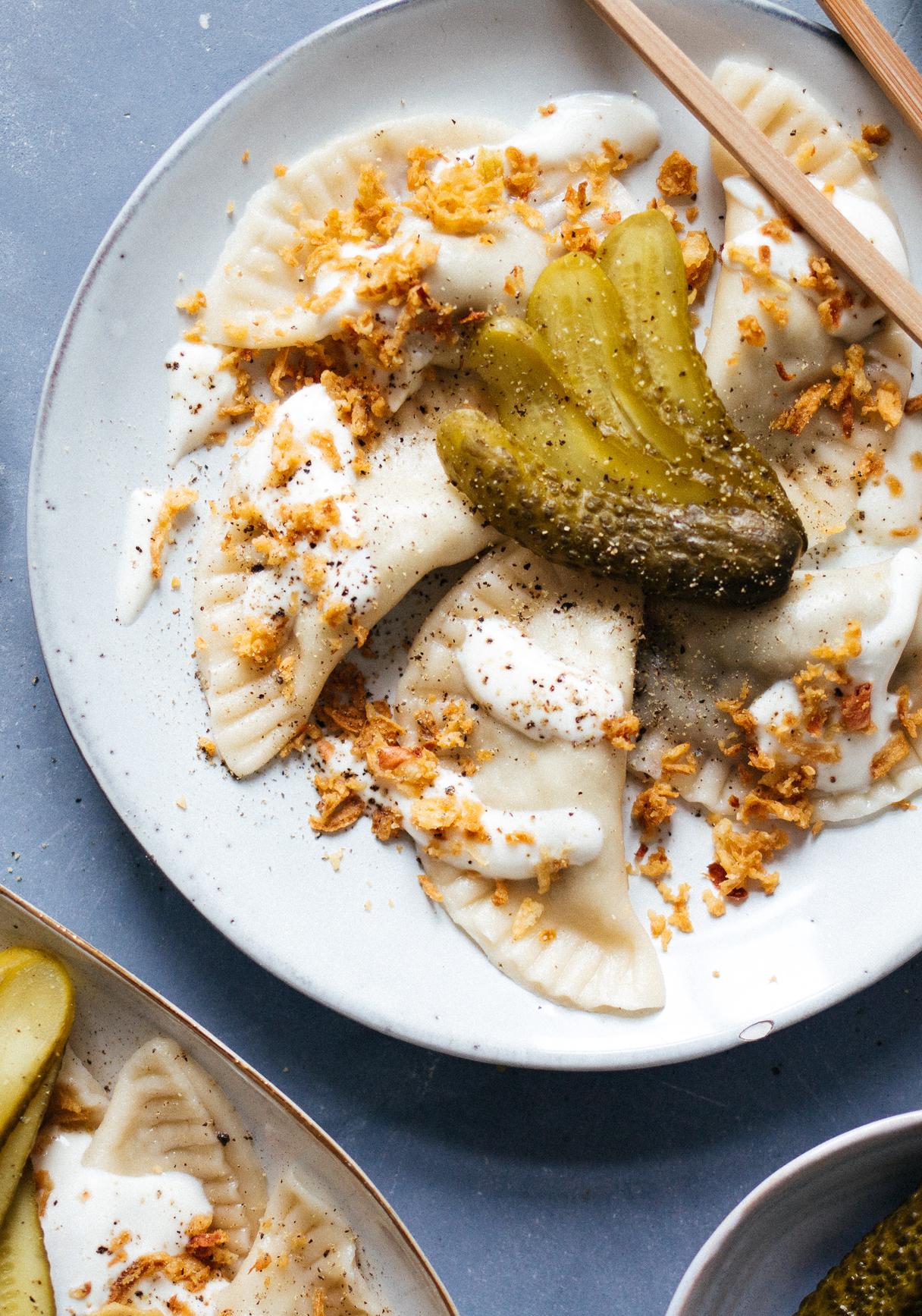 Vegan pierogies with sauerkraut & mushrooms