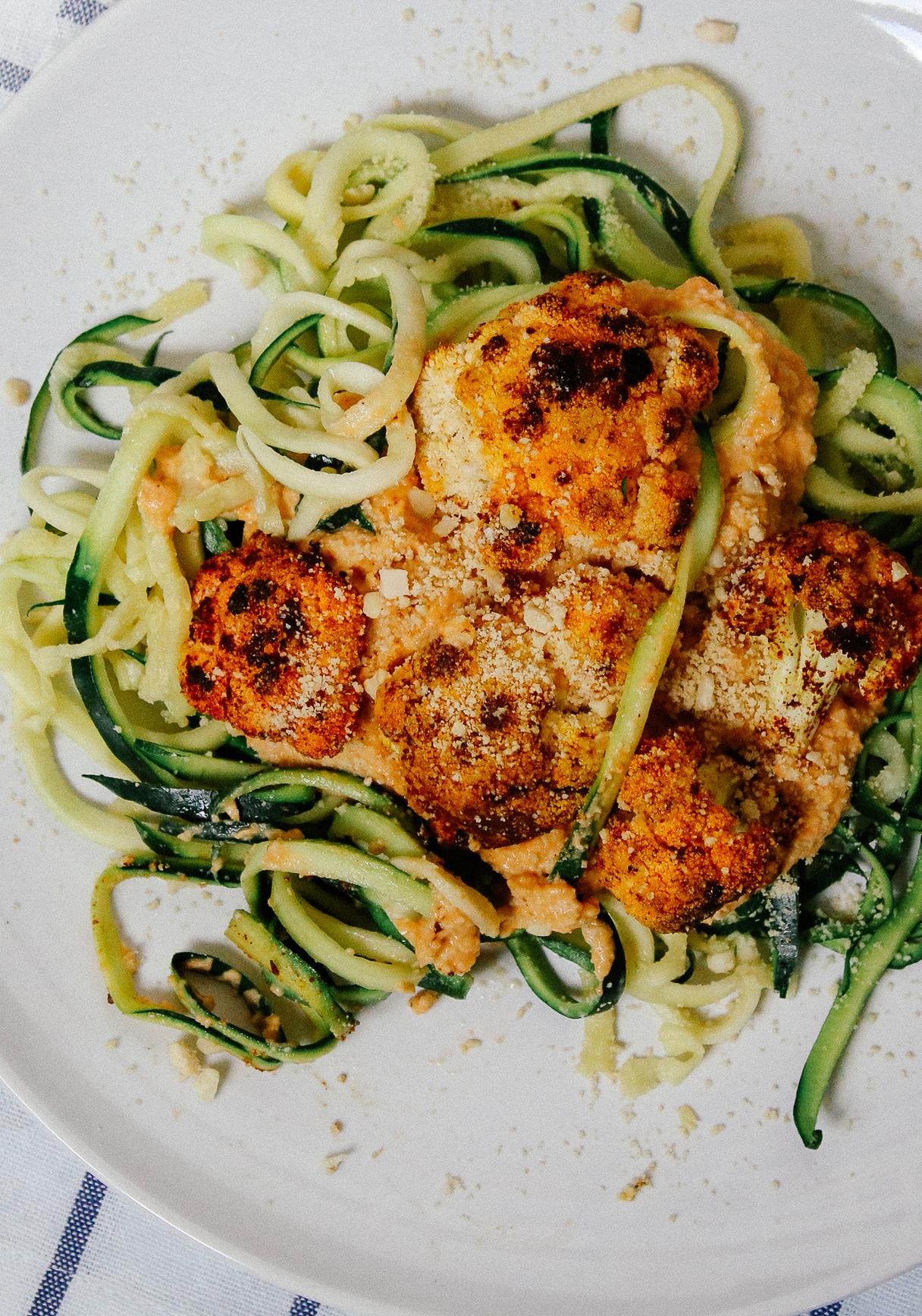 Zoodles with Sweetpotato-Cashew-Sauce & Roasted Cauliflower