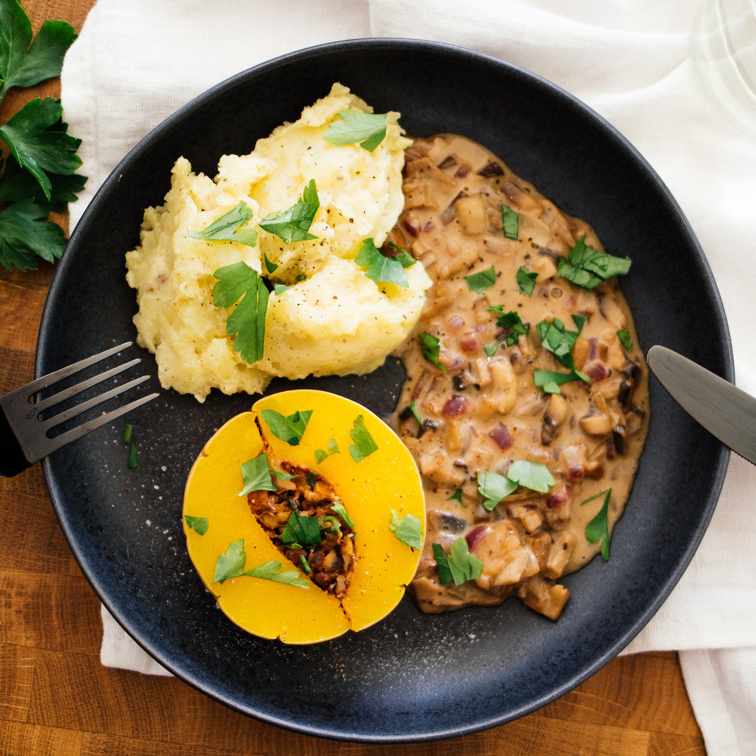 Stuffed Butternut Squash with vegan Cream Sauce & Potato Mash