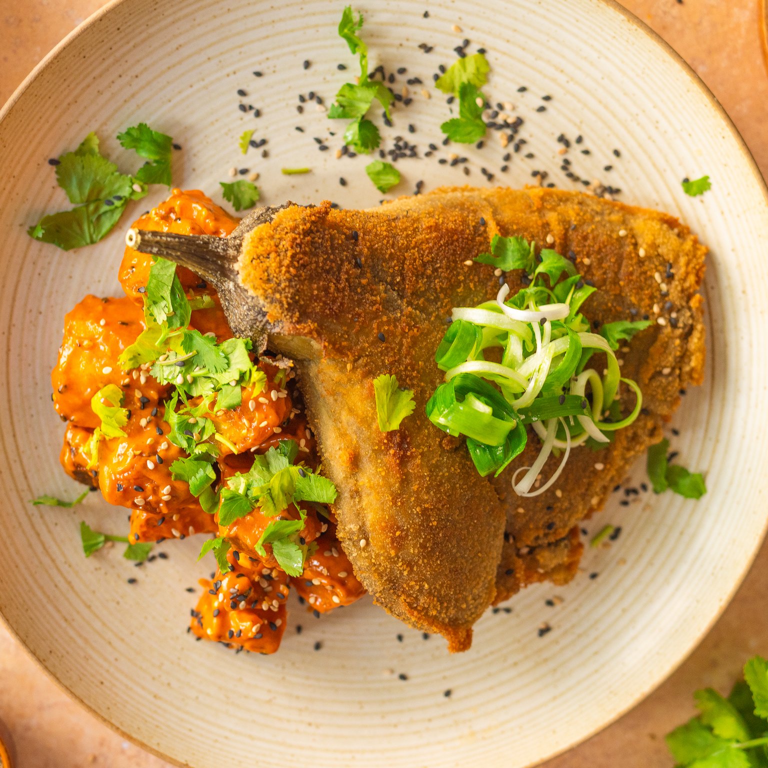 Eggplant Schnitzel with Gochujang Potato Salad