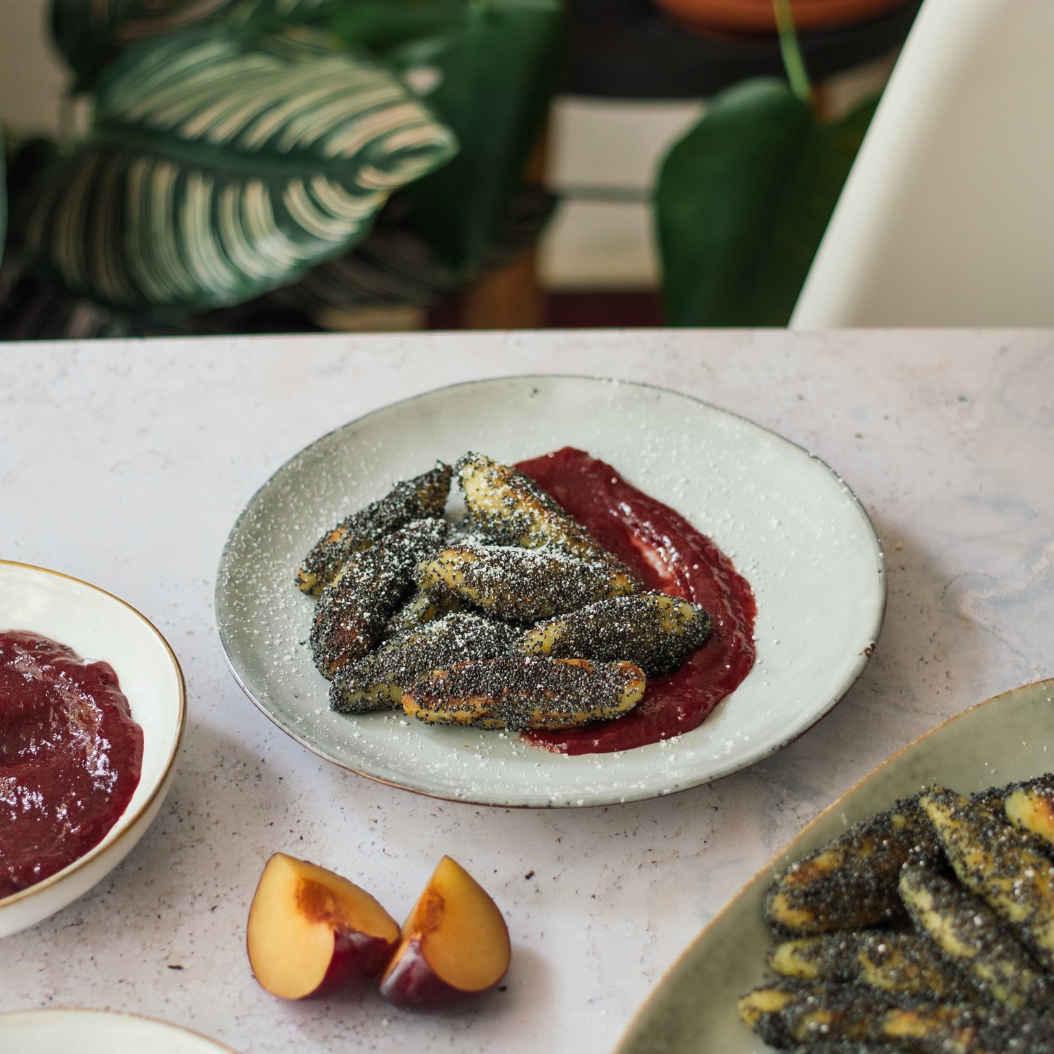 Vegan Poppyseed Potato Pasta with Plum Sauce