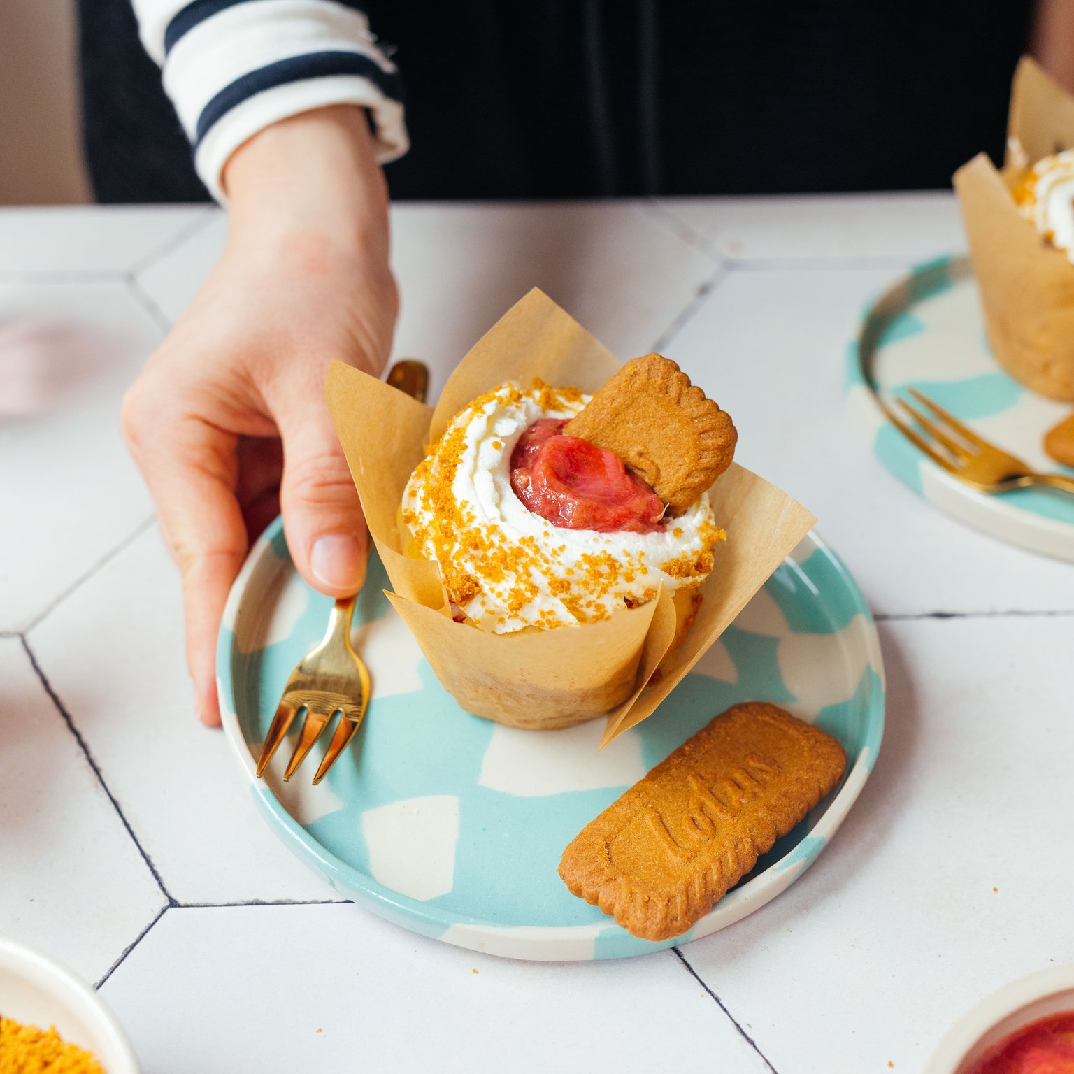 Vegan Rhubarb Muffins with Cream & Compote