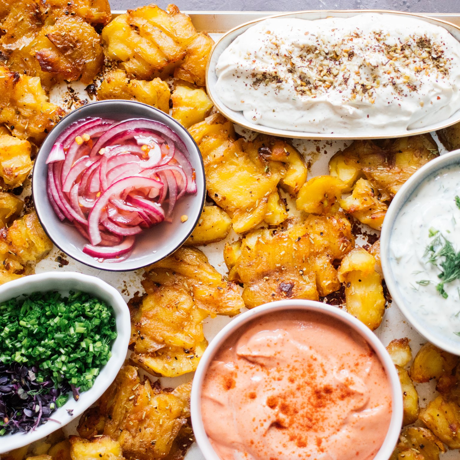 Crispy Baked Smashed Potatoes with Vegan Dips