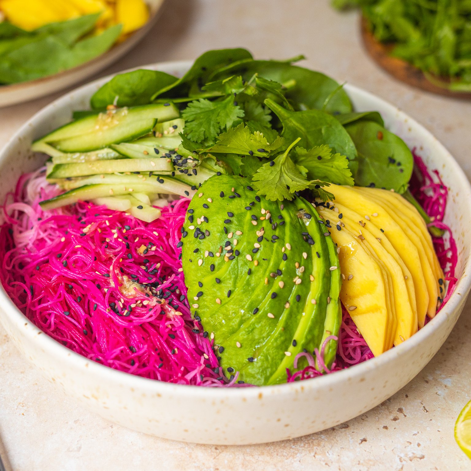 Pink vegan glass noodle salad