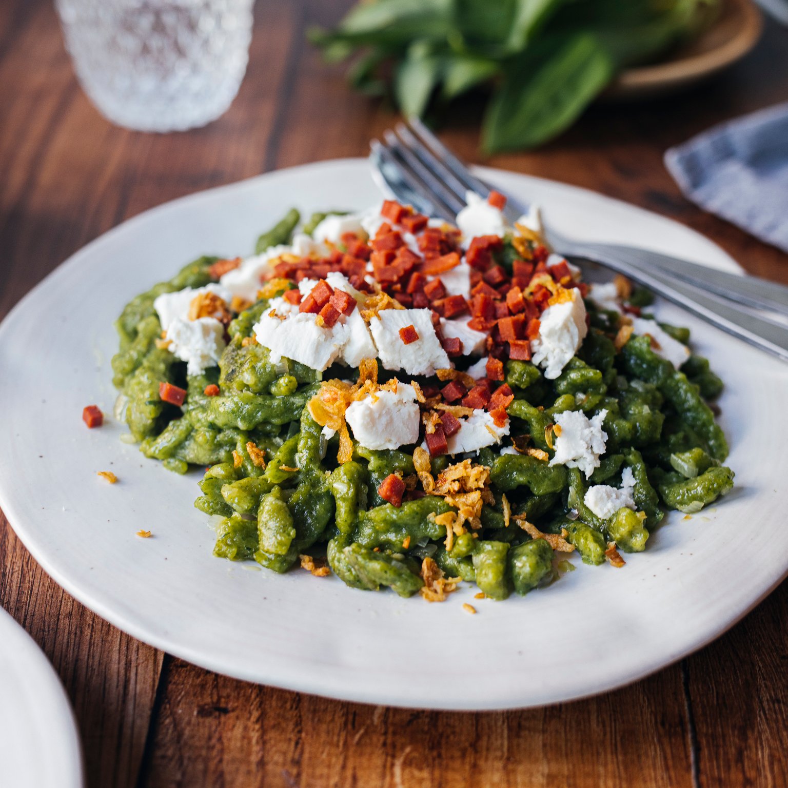 Vegan Wild Garlic Spaetzle with Plant–Based Feta & Bacon