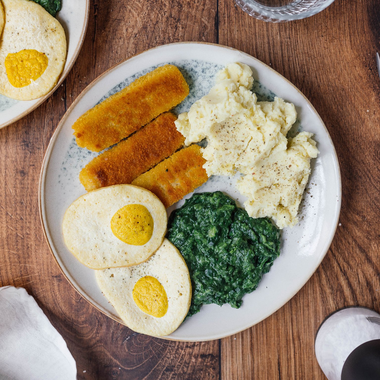 Mashed Potatoes with Creamed Spinach and Vegan Fried Eggs