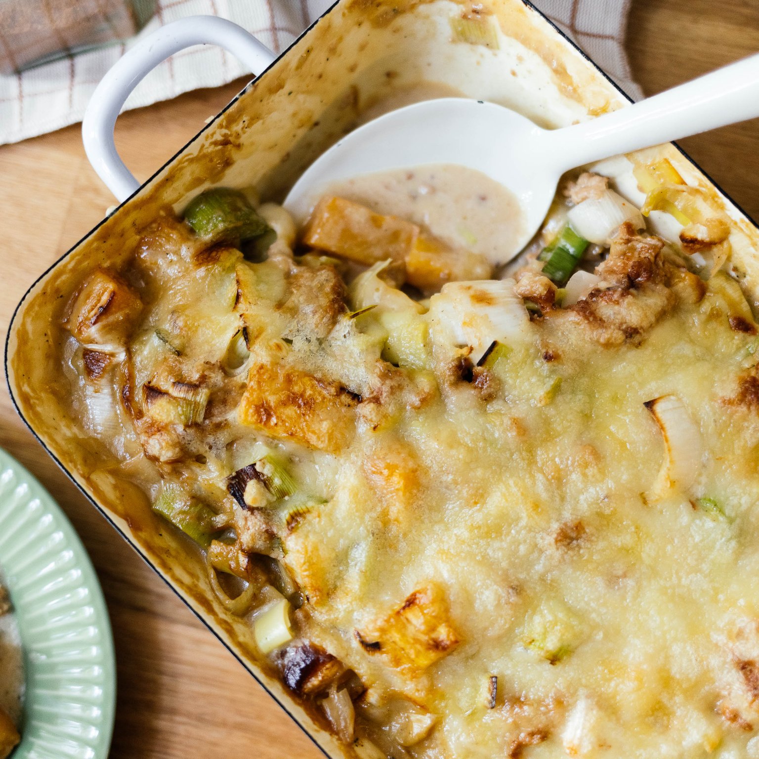 Vegan Cheese, Mince and Leek Casserole with Rutabaga