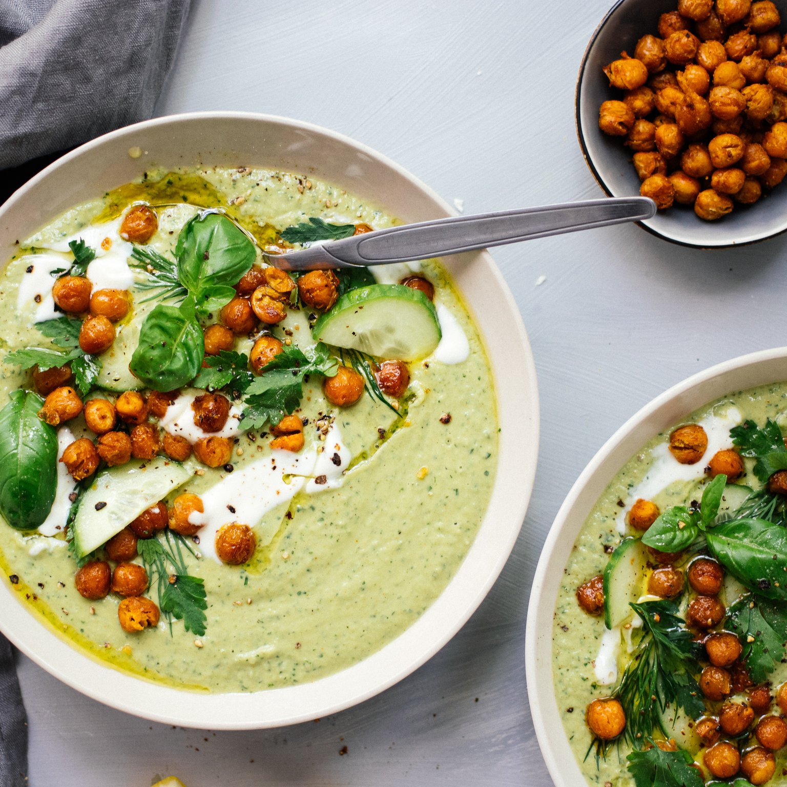 Chilled Cucumber Avocado Soup with Roasted Chickpeas