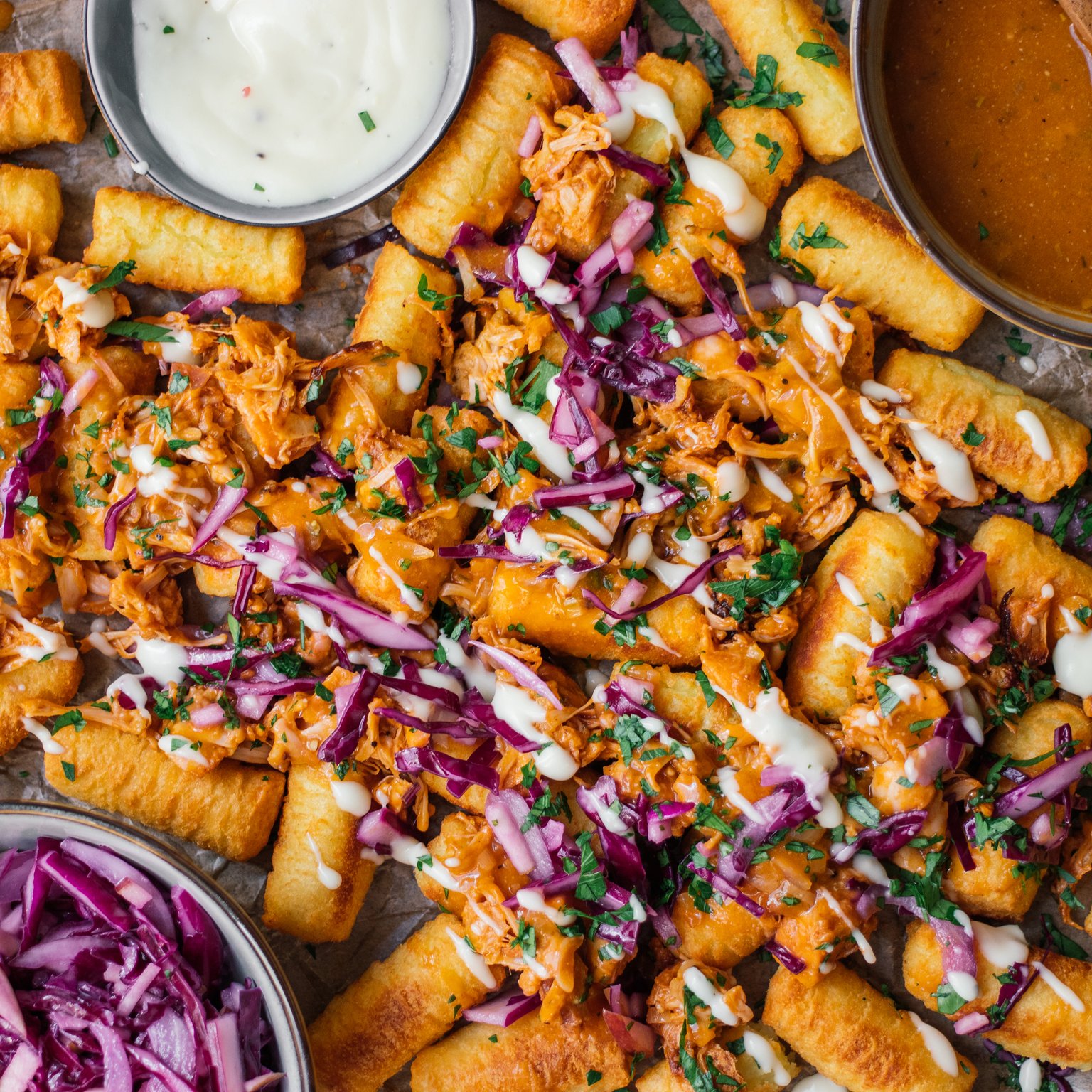 Loaded Tater Tots with Jackfruit, Red Cabbage Slaw, And Quick Vegan Gravy
