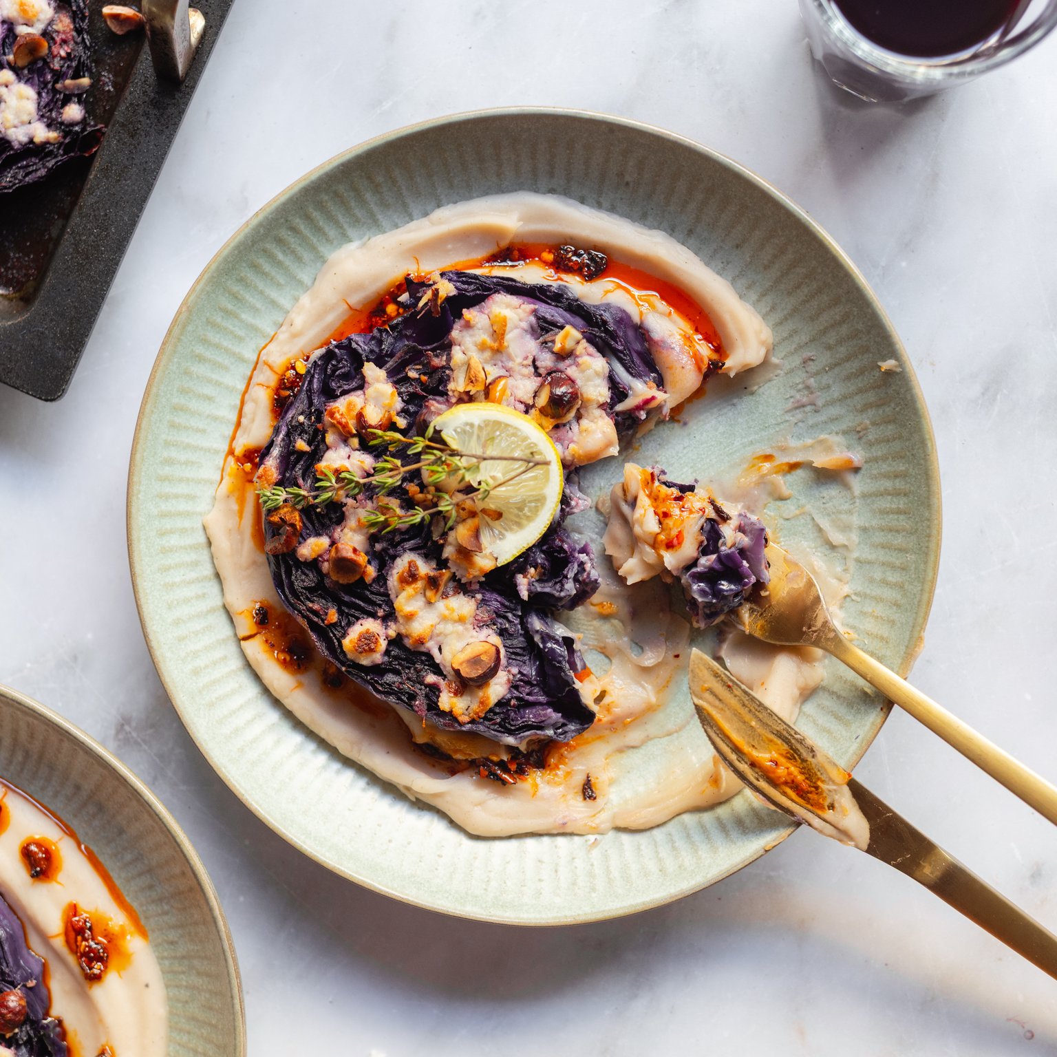 Baked Red Cabbage Steaks with Bean Purée