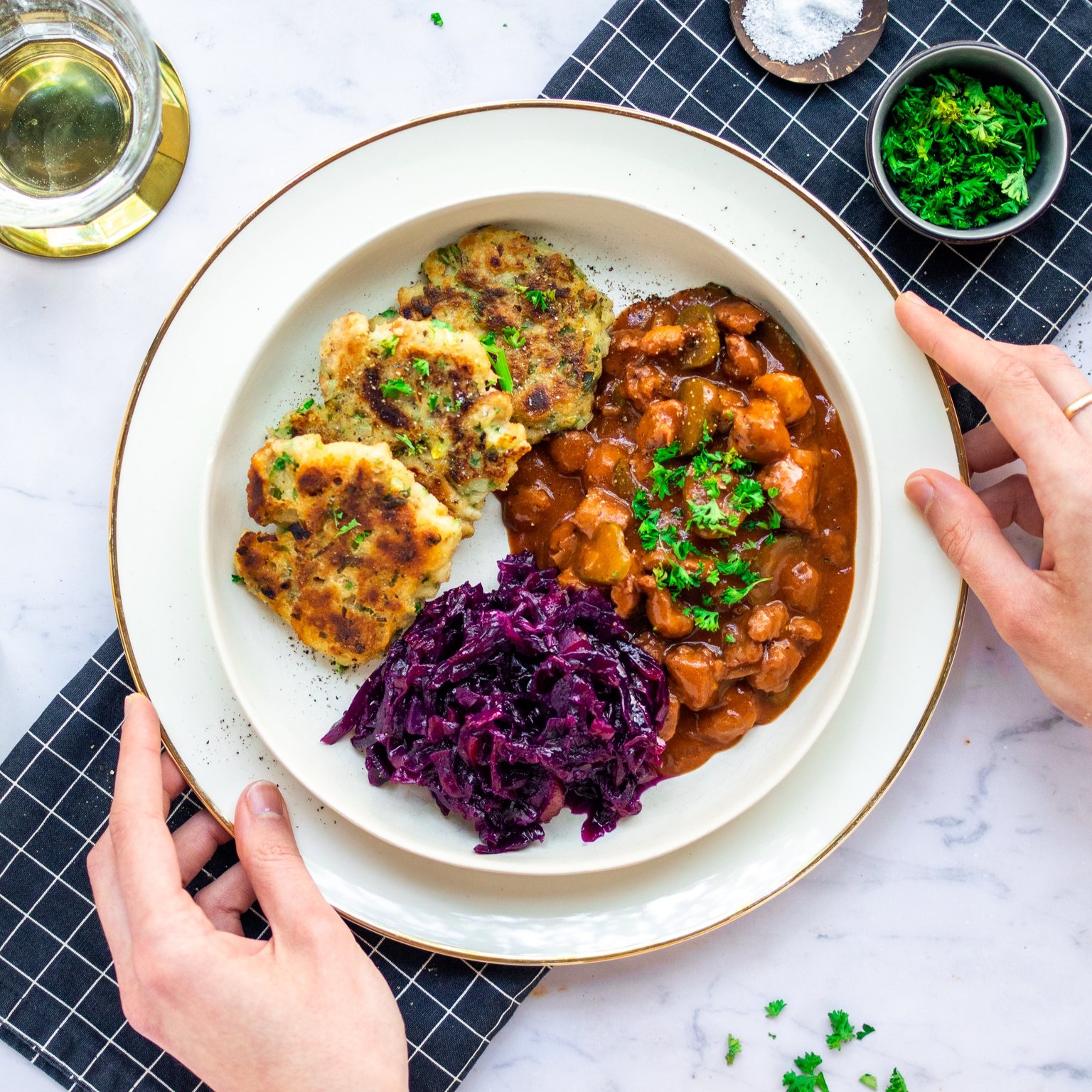 Vegan Goulash with Pan-Fried Bread Dumplings & Red Cabbage