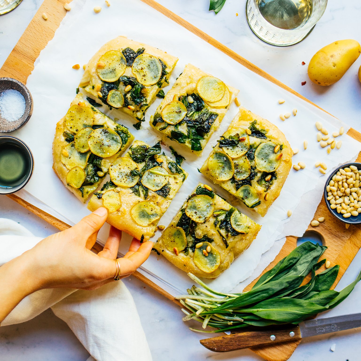 Vegan Wild Garlic Focaccia with Crispy Potatoes