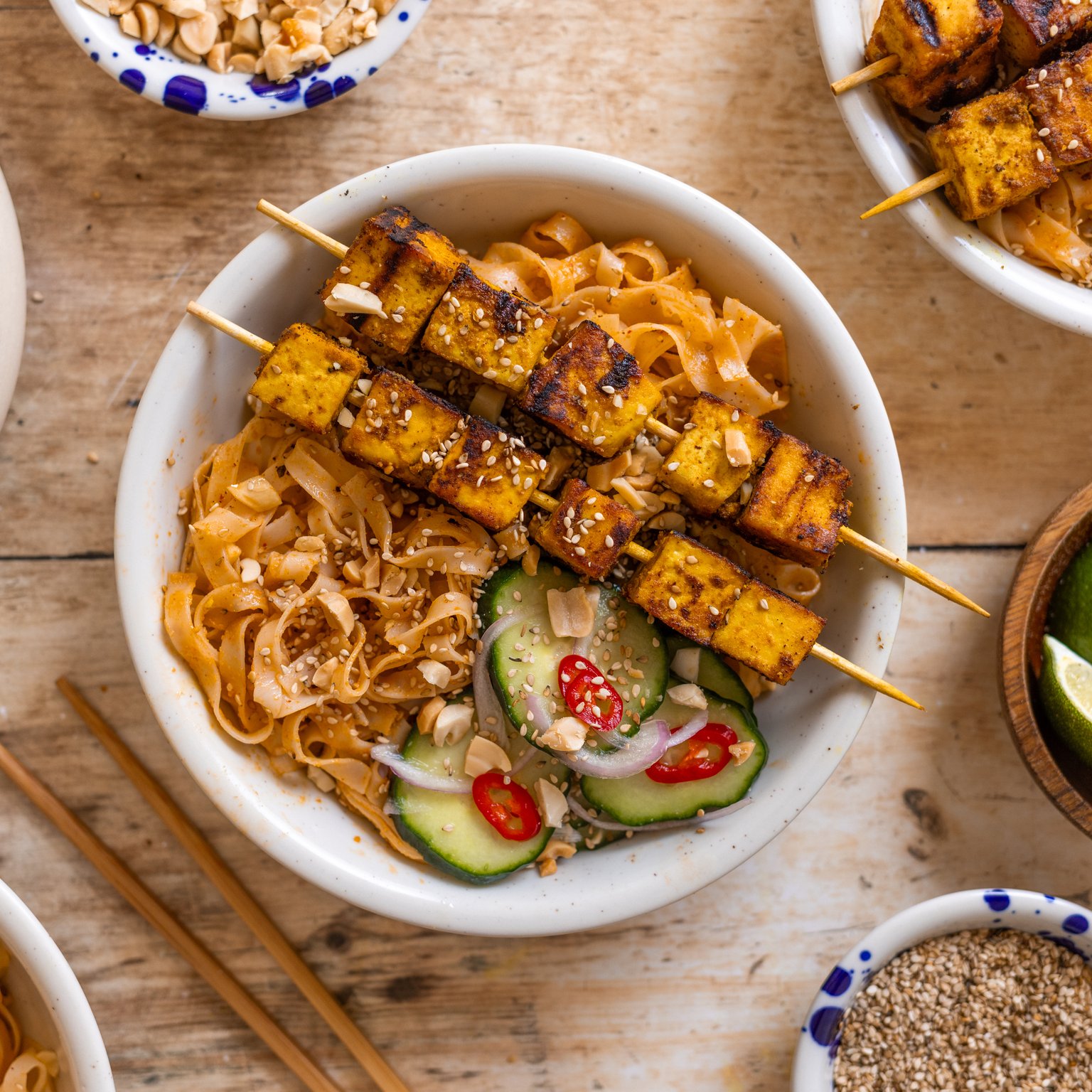 Tofu Satay Skewers with Rice Noodles and Quick Pickles