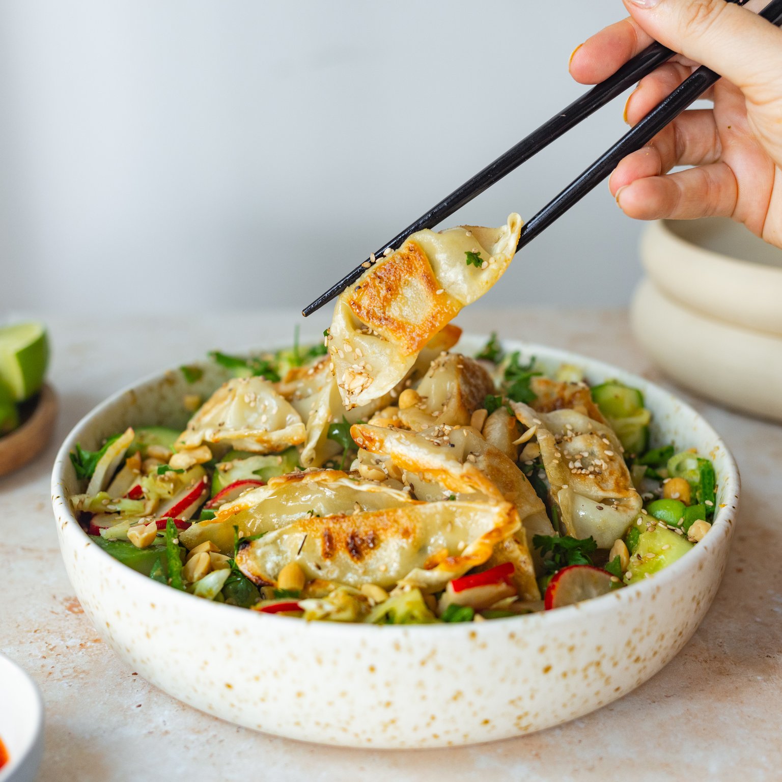 Knuspriger Dumpling Salat mit Currydressing