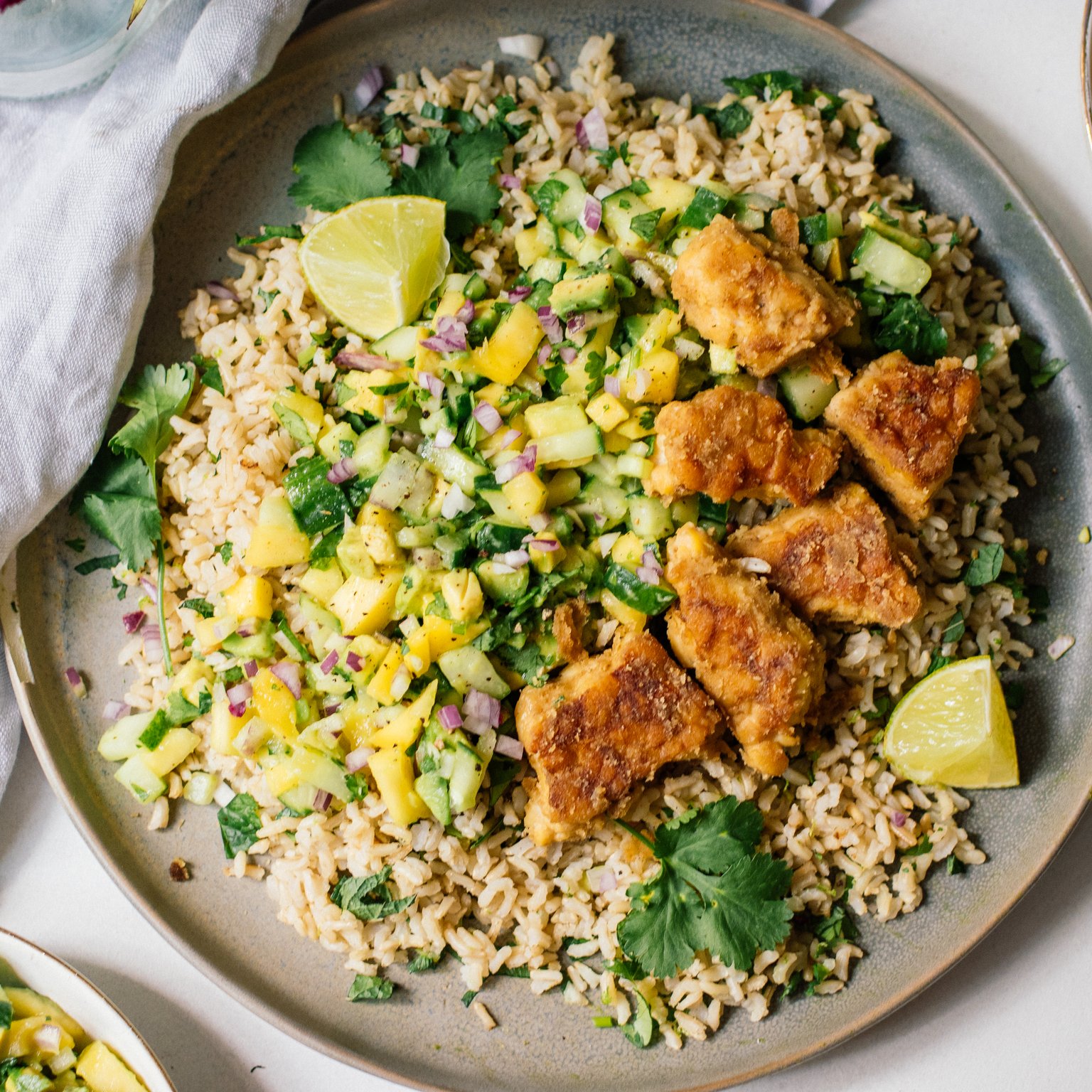 Lime Rice with Tempeh and Mango Avocado Salsa