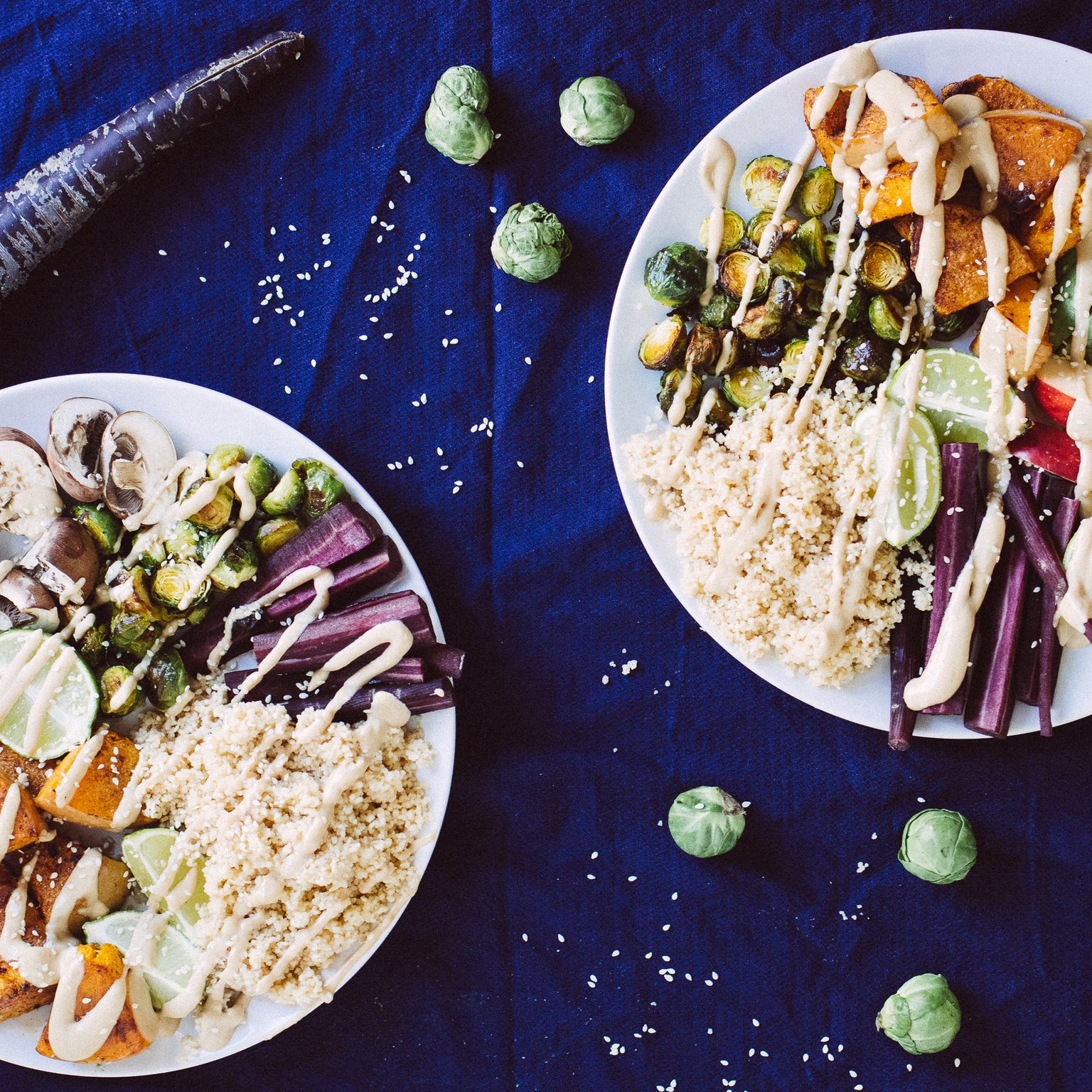 Vegan Couscous Bowl with Brussels Sprouts & Tahin Dressing