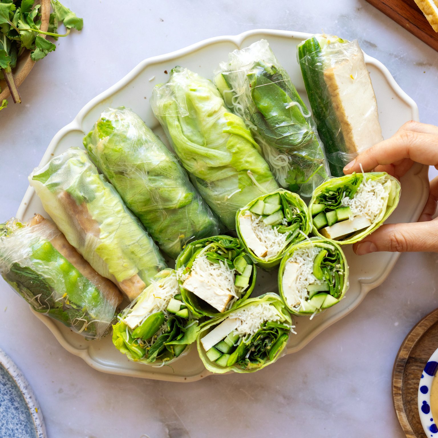 Green Summer Rolls with Sugar Snap Peas and Sesame Dip