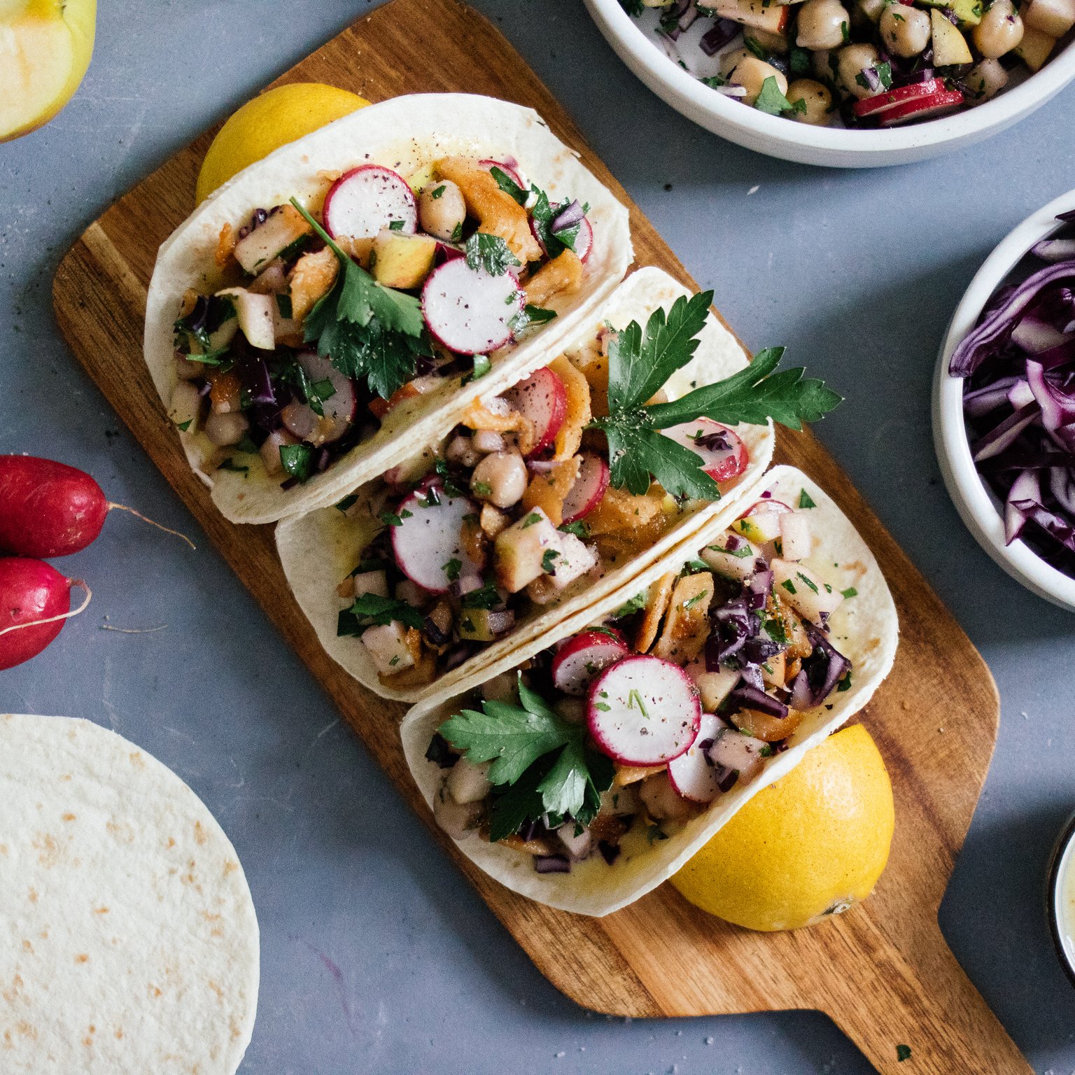 Picnic taco with radish apple salsa