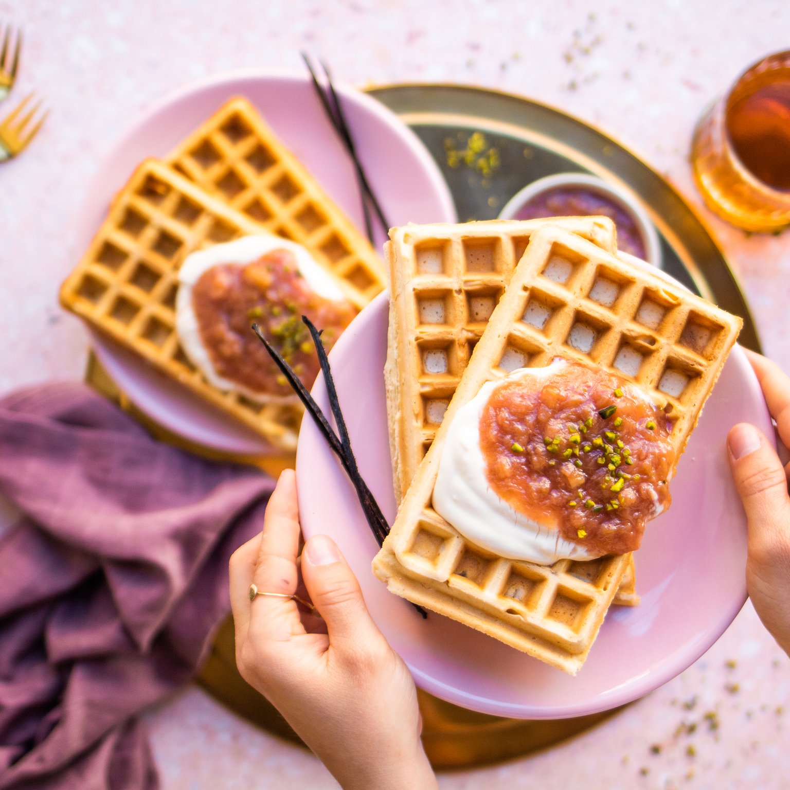 Vegan Vanilla Waffles with Rhubarb Compote