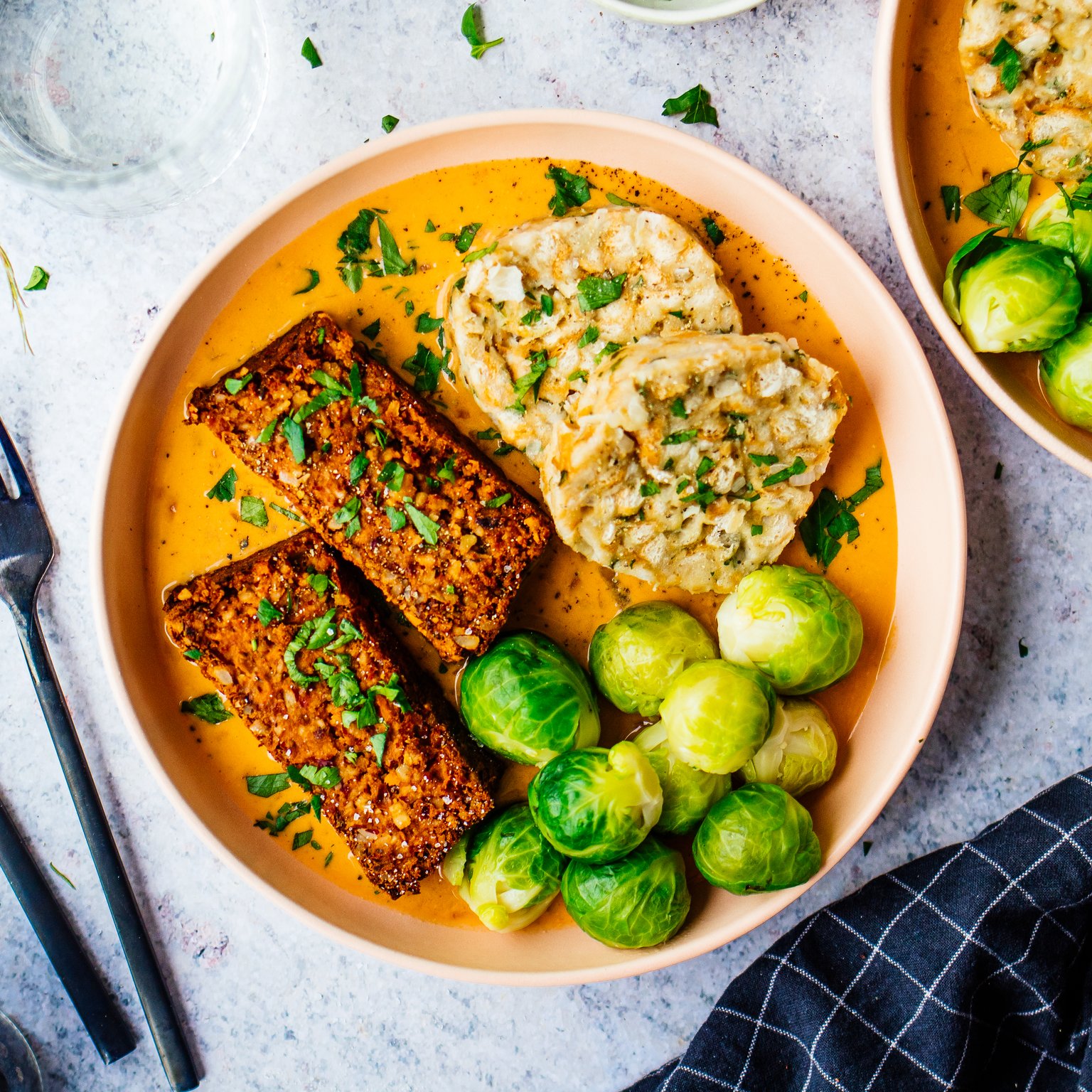 Vegan Nut Roast with Bread Dumplings and Creamy Onion Sauce
